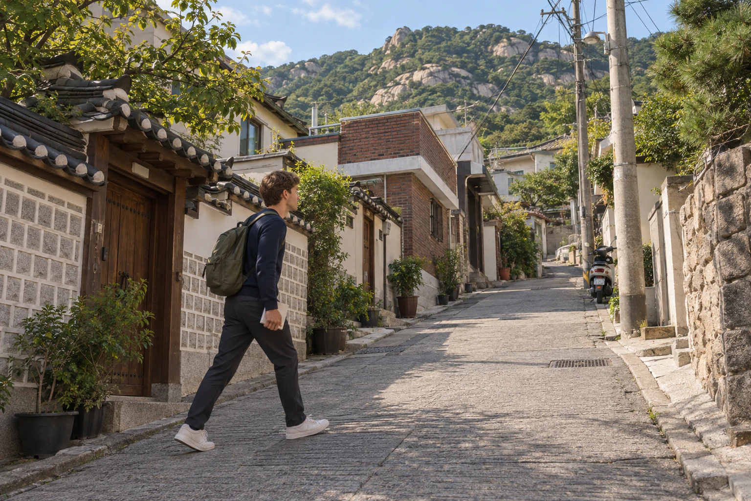 A curly-haired man in a navy jumper with an olive backpack walks up a sloping lane between low houses. Editorial image.
