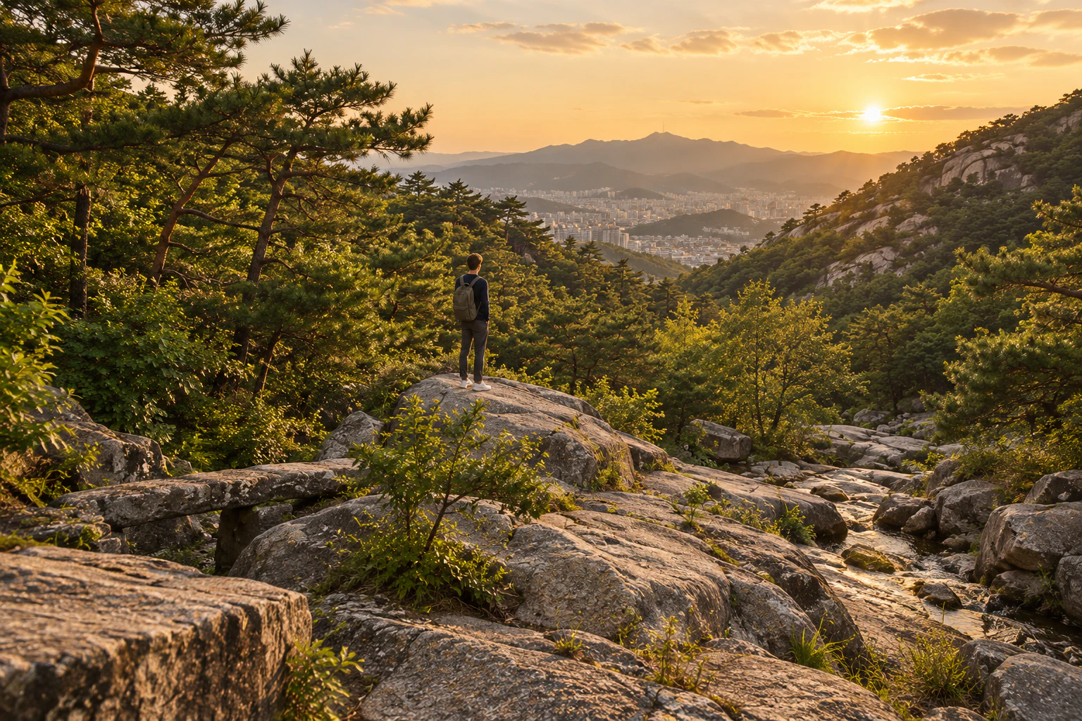 At dusk, a small figure of a man stands at the top of a rocky valley, seen from behind, looking through the trees towards the distant city. Editorial image.