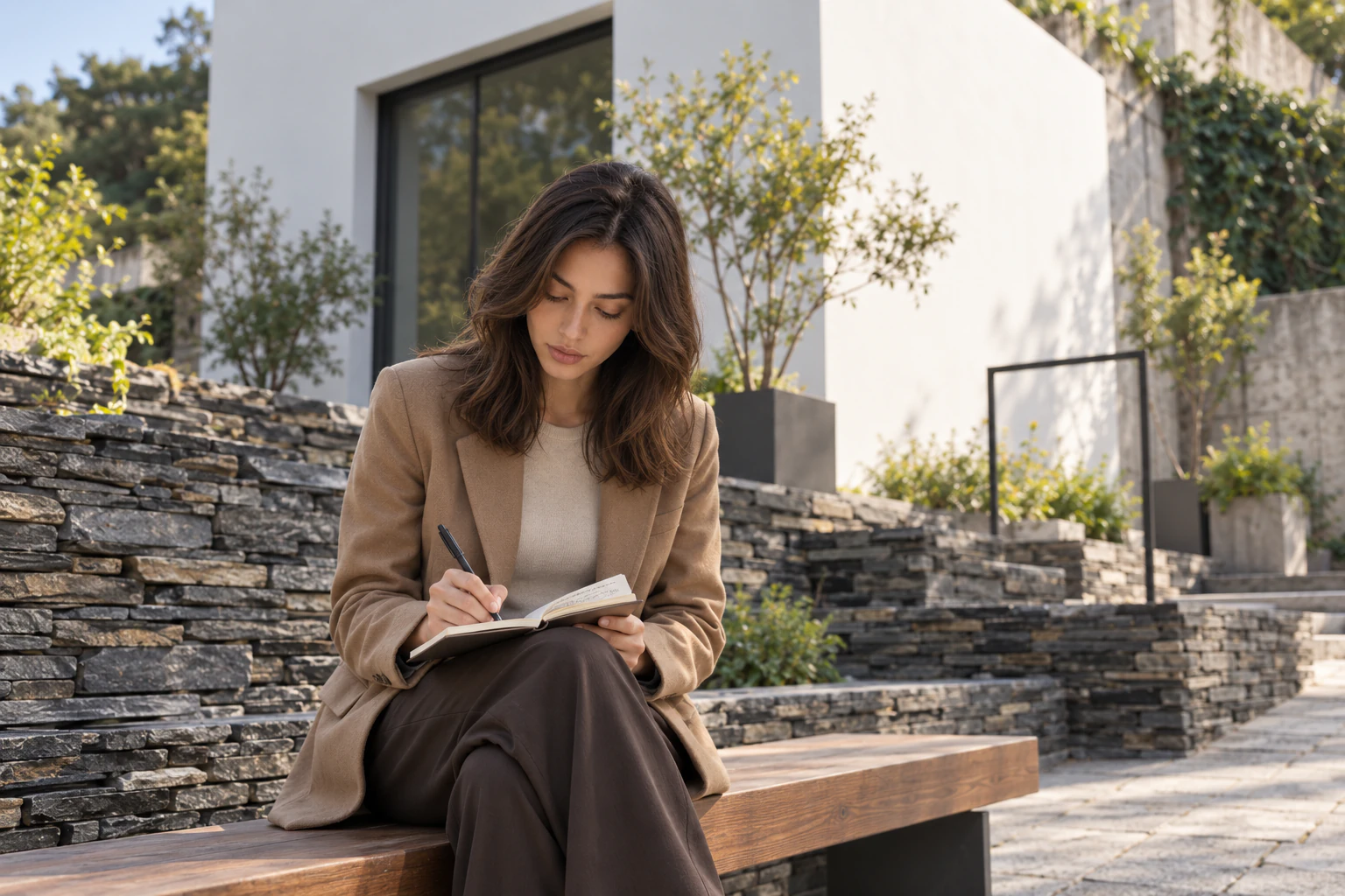A woman sitting on a wooden bench beside low terraces of stacked stone, writing in a small notebook. Editorial image.