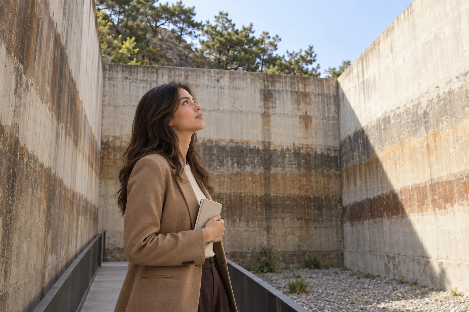 Waist-up profile of a woman looking up inside a concrete courtyard open to the sky. Editorial image.
