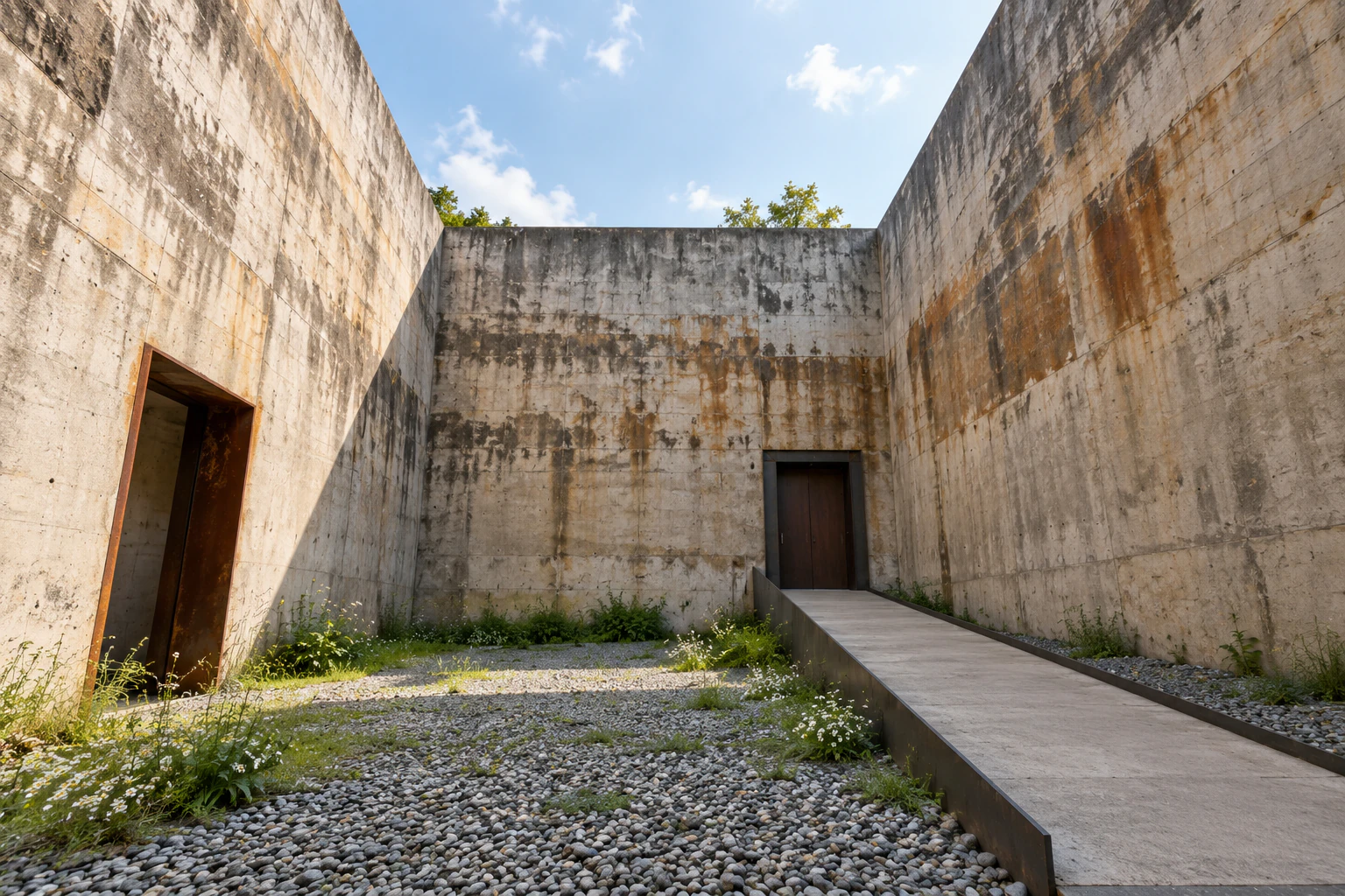 A roofless courtyard enclosed by tall concrete walls open to the sky. The walls carry layered water stains; the floor is gravel and grass with a narrow sloping walkway along one side. No people. No lettering. Editorial image.