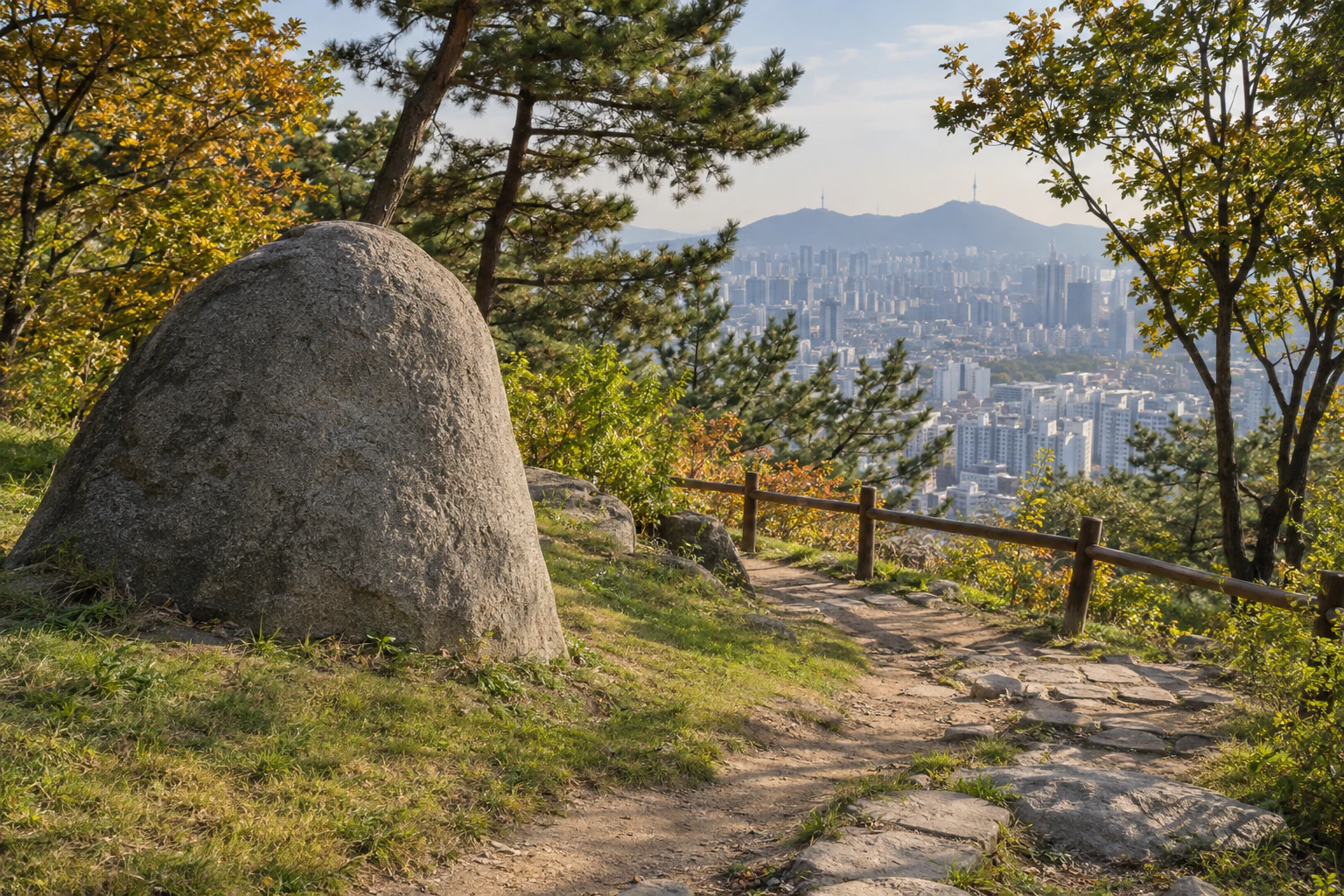 A hillside path winding between trees, with a large stone on the grass. No lettering on the stone. No people. Editorial image.