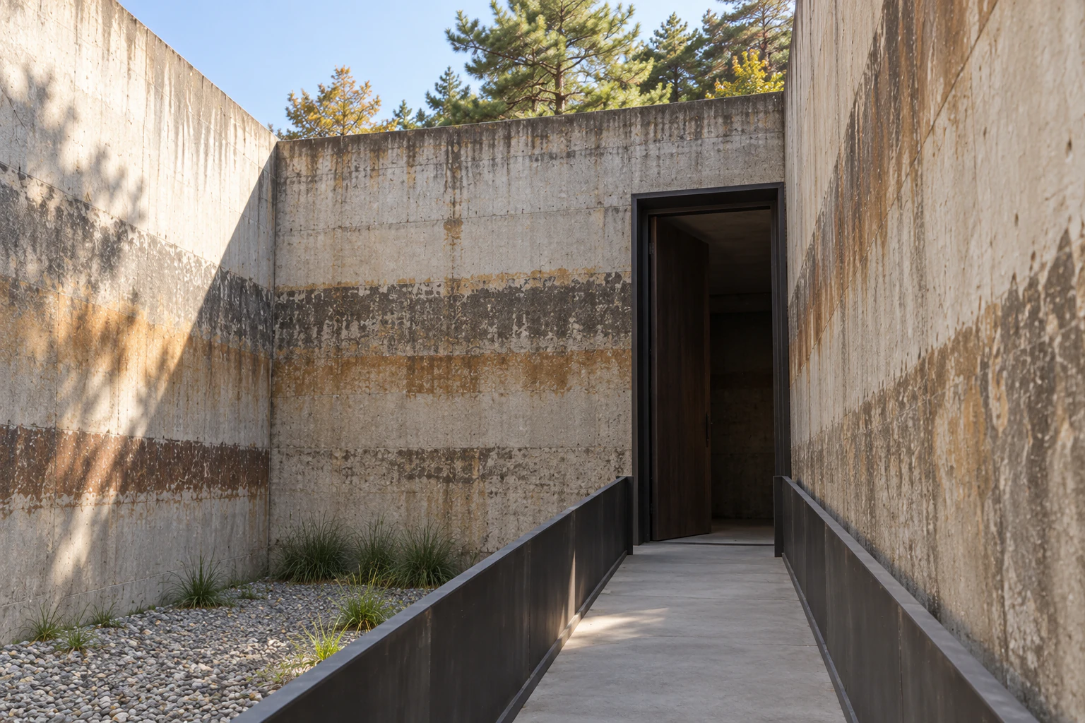A dark doorway at the end of a narrow sloping walkway between concrete walls. No people. No lettering. Editorial image.
