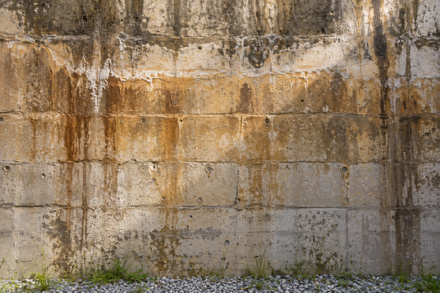 Close view of horizontal bands of water marks on a concrete wall. No people. No lettering. Editorial image.