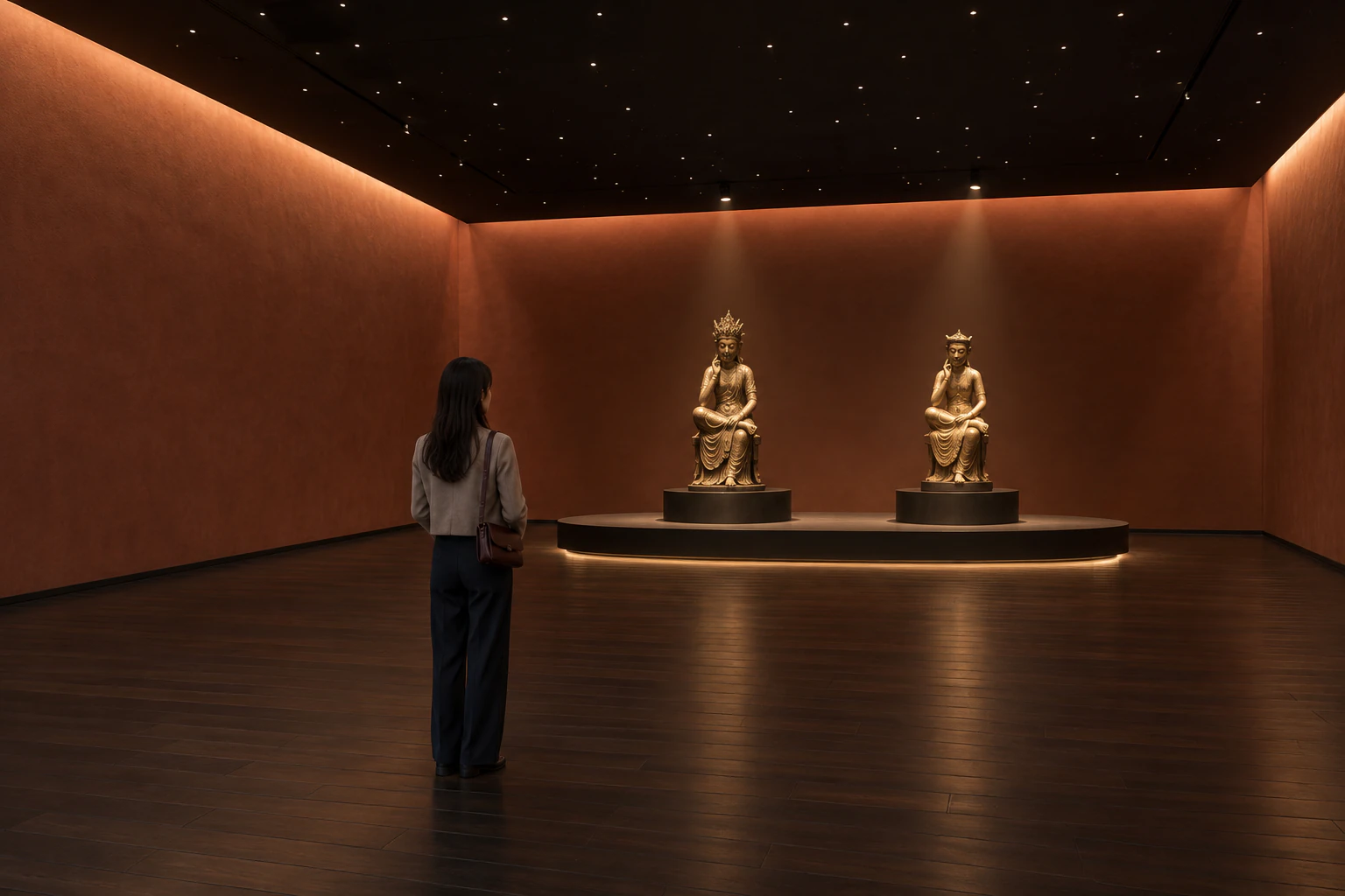 A woman seen from behind, small at the back of a wide dark gallery, with two statues on a low platform far ahead. Editorial image.
