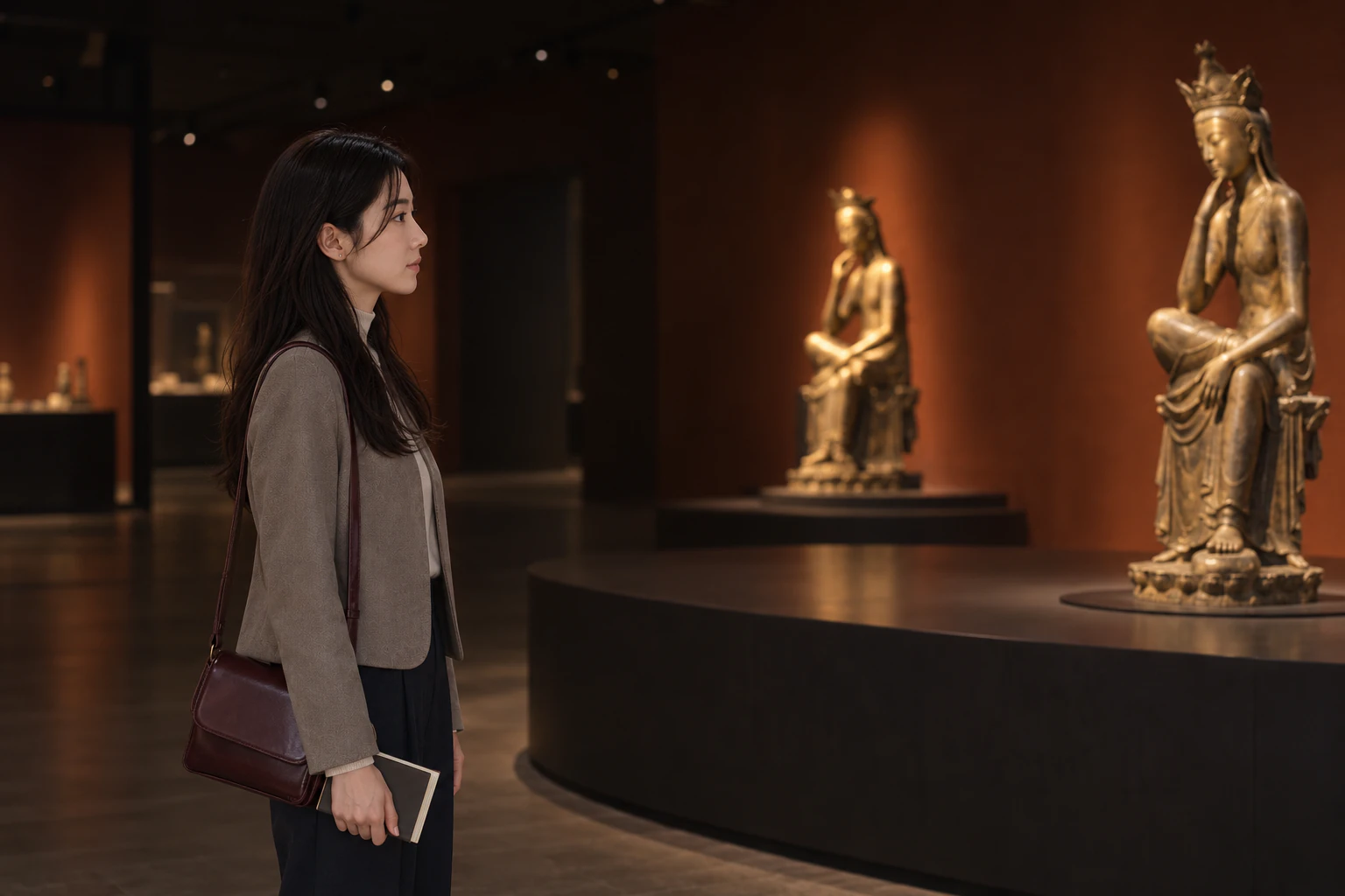 In a dark gallery, a woman in a taupe jacket stands in profile, looking towards two gilt-bronze seated figures, one nearer in the foreground. Editorial image.