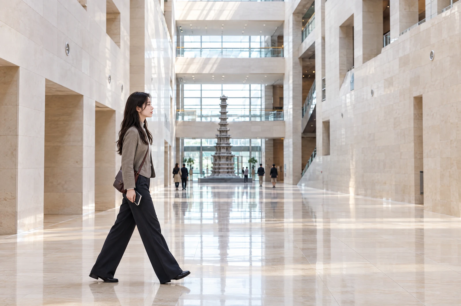 A woman in a short taupe jacket with a burgundy cross-body bag walks along a wide, long museum hall, seen in profile. Editorial image.