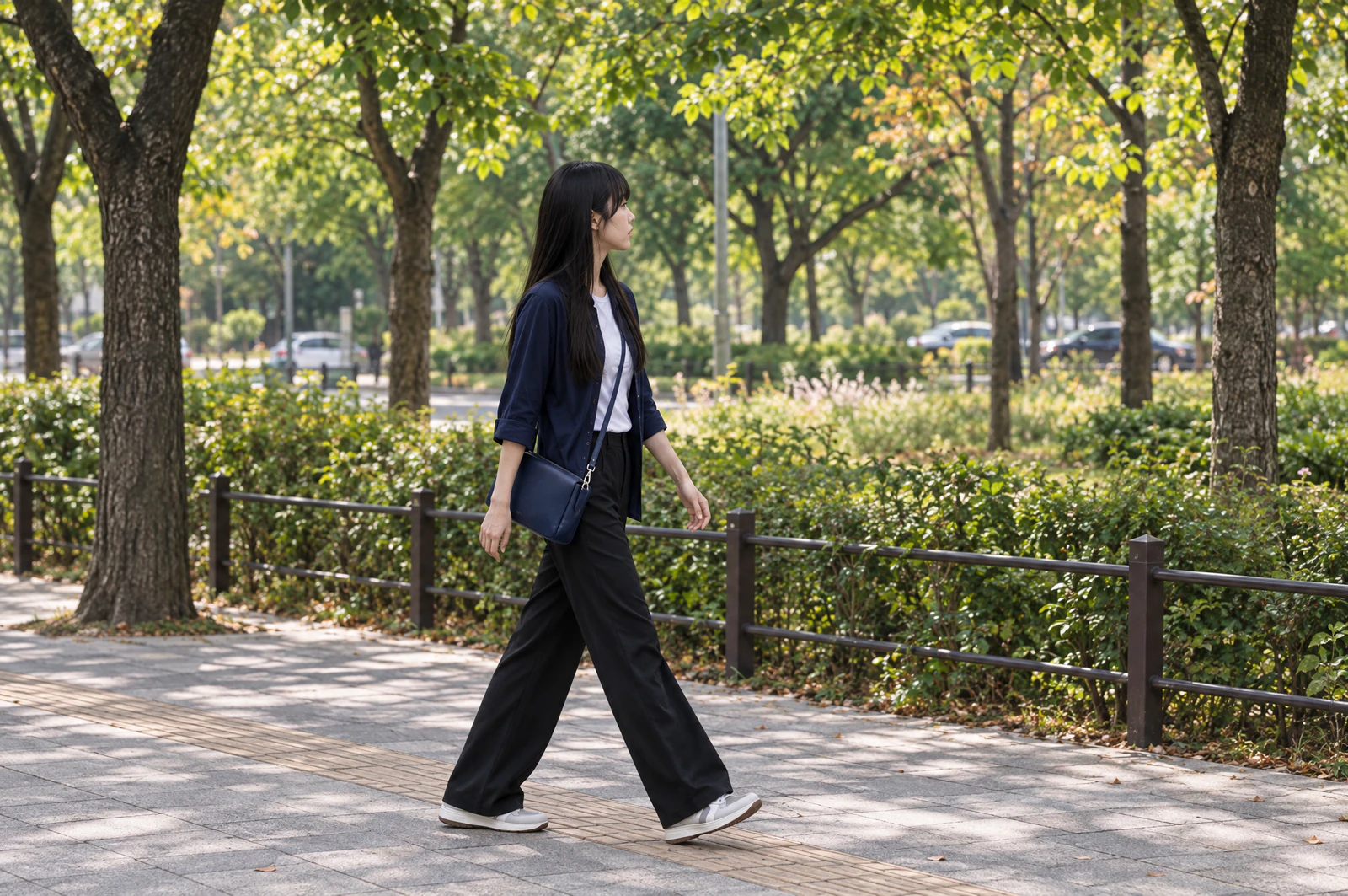 A woman in a white T-shirt and navy overshirt walks side-on along a tree-lined city pavement. Editorial image.