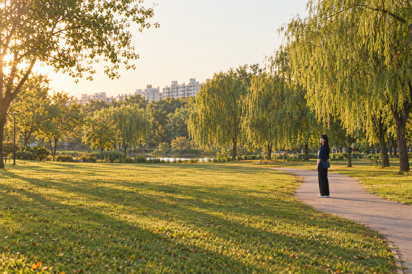 Late afternoon, a woman standing small and side-on at the end of a path in a wide park landscape. Editorial image.