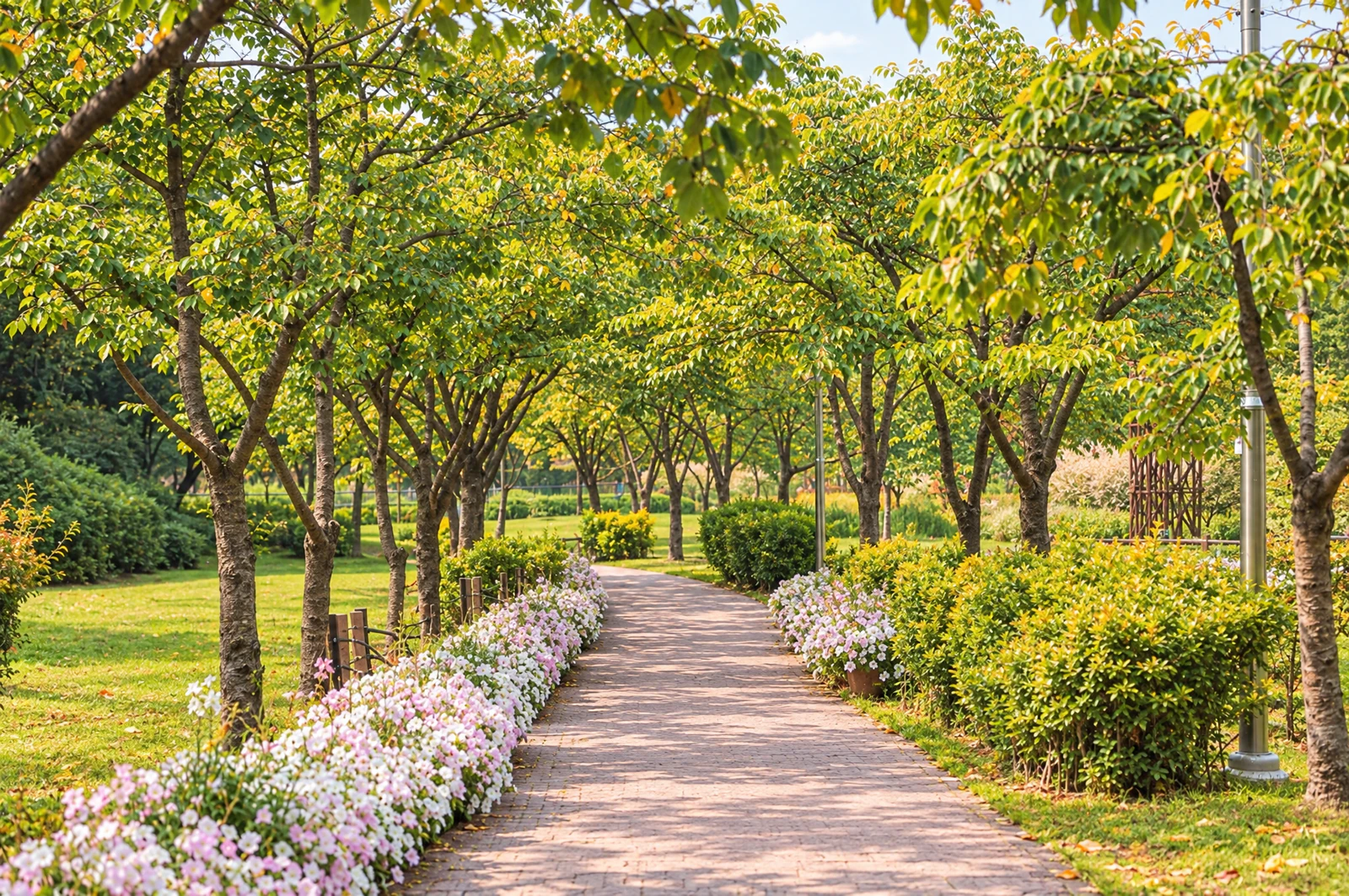 A paved walking path under a tunnel of trees, lined on both sides with pale pink flowers. No people. Editorial image.