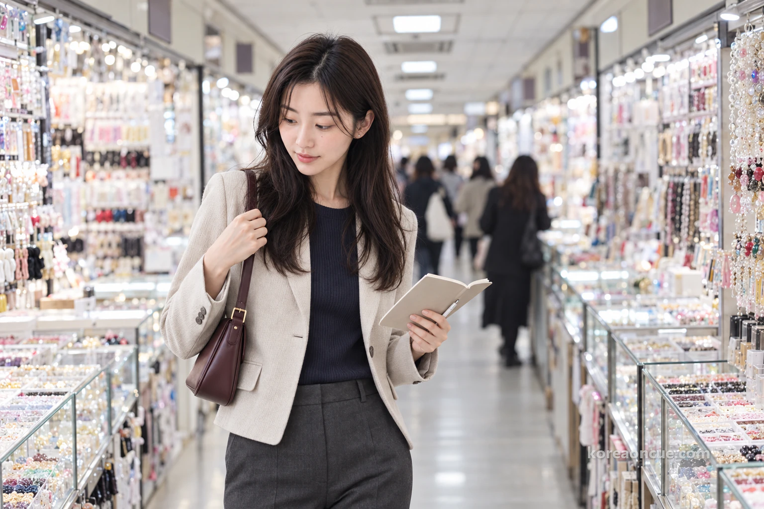5階の共用通路で手帳とバッグの持ち手を見比べるリナ。編集イメージ。