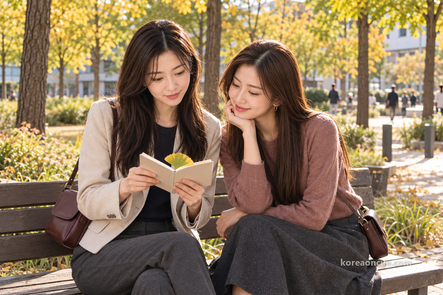 Rina and Mali sitting side by side on a bench by the path, looking at a notebook with a ginkgo leaf tucked inside. Editorial image.
