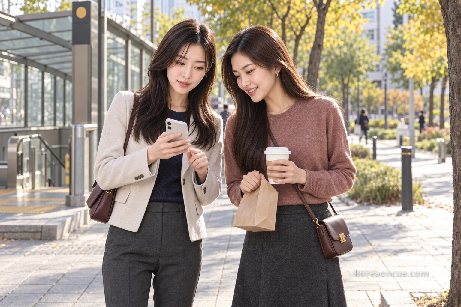 Mali holding a bakery bag and a coffee near the park entrance, reading Rina’s phone screen with her. Editorial image.