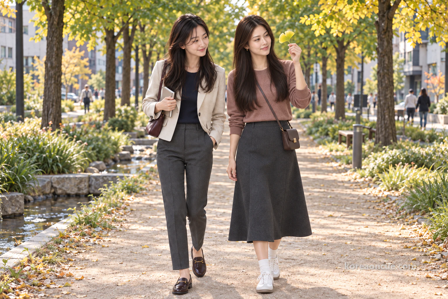 Rina and Mali walking side by side on an earth path between ginkgo trees turning yellow, Mali holding up a ginkgo leaf to look at it and Rina smiling at her. Editorial image.