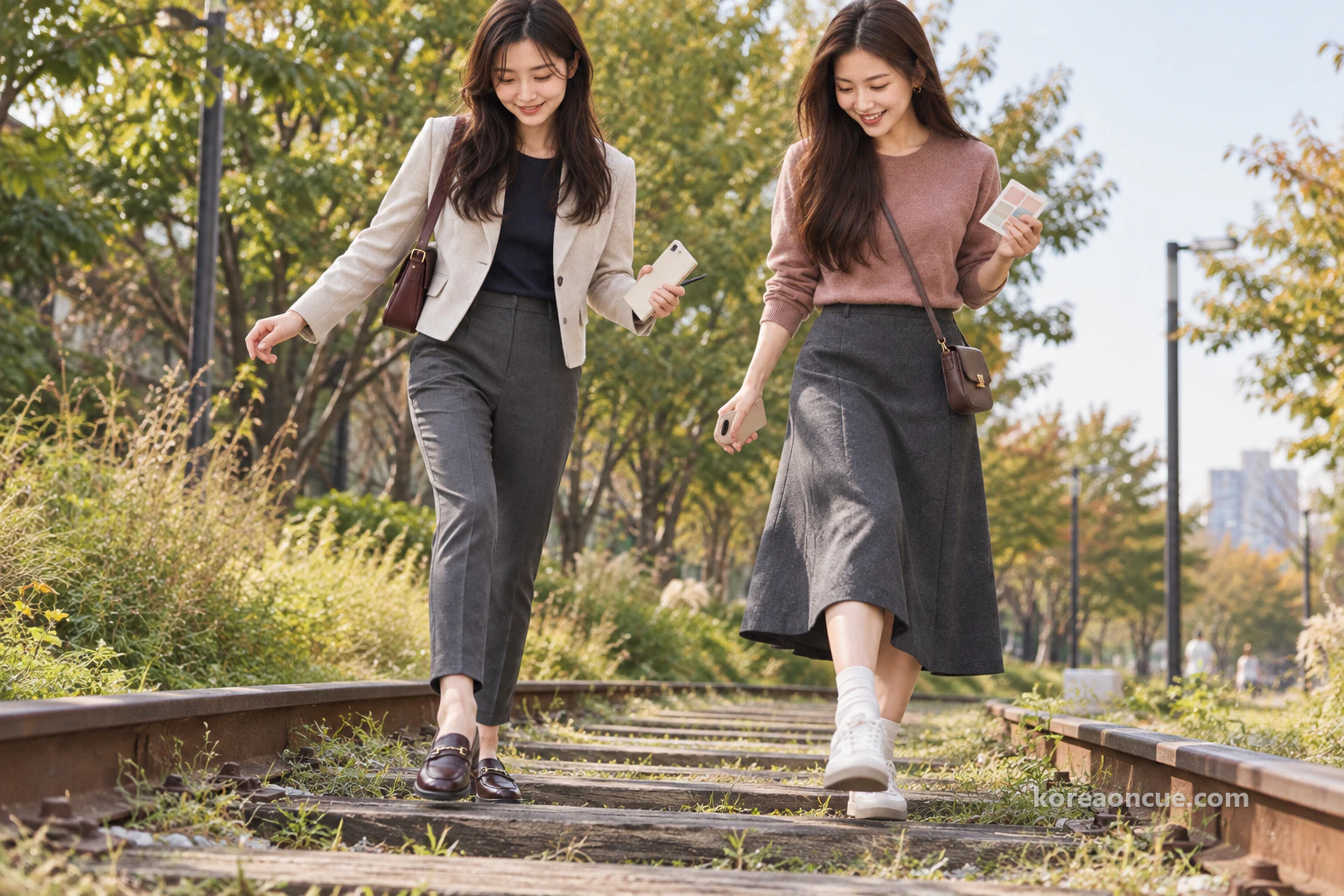 Rina and Mali laughing as they step along the sleepers of a preserved stretch of old railway track among the grass. Editorial image.