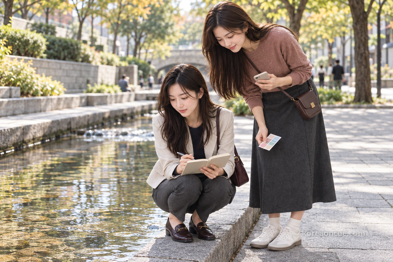 Rina crouching at the edge of a shallow stream looking at her notebook, with Mali standing beside her looking down. Editorial image.