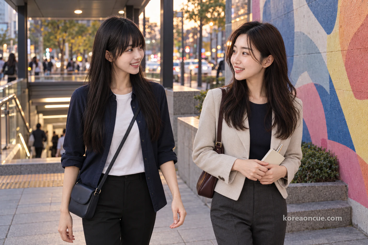 Maya coming out of a subway exit at dusk and approaching Rina, who waits by a colourful abstract mural, their eyes meeting as they greet each other. Editorial image.