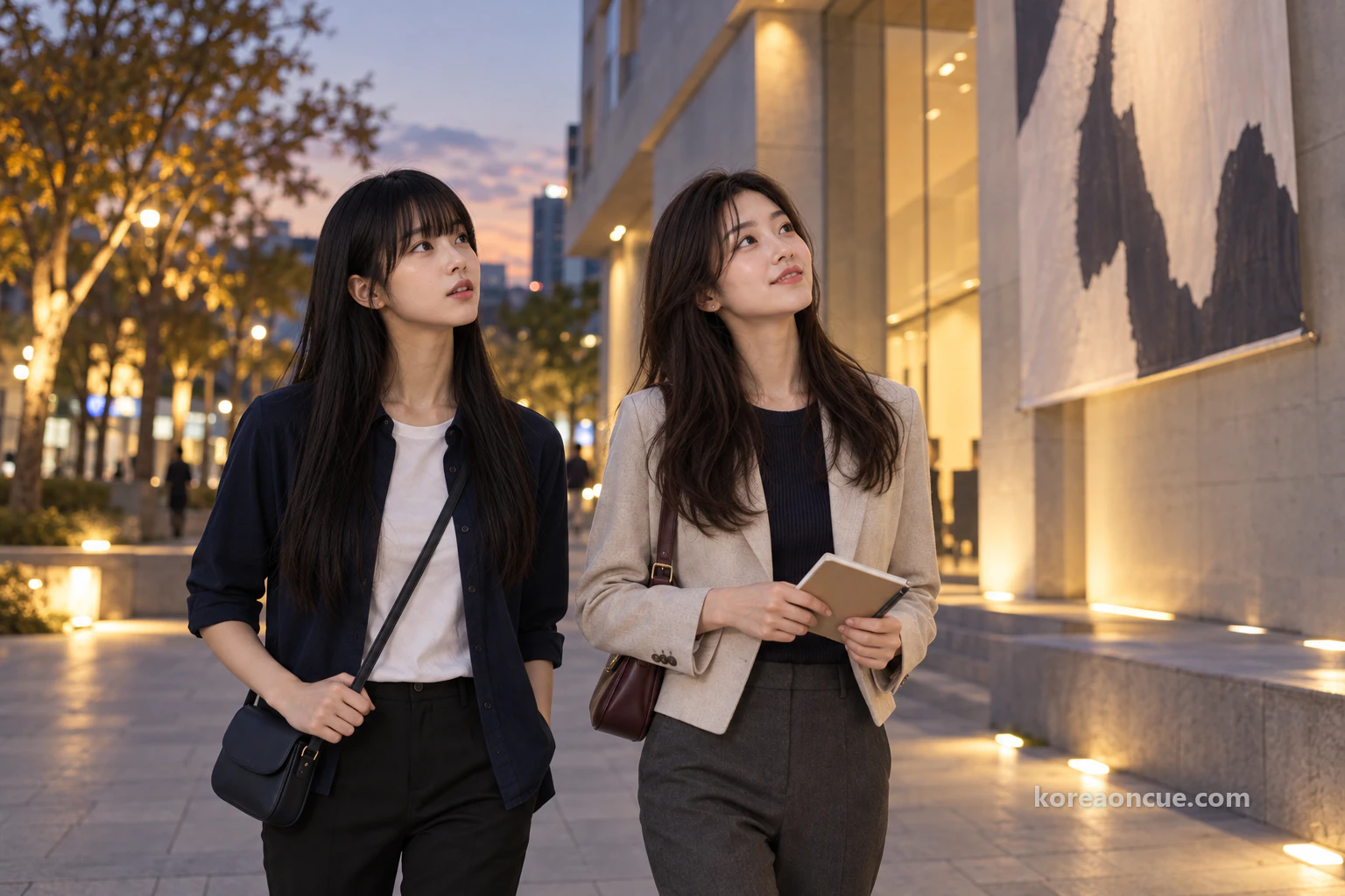 Rina and Maya walking past a simple modern arts building with plain walls, both looking up beneath the evening sky and street lights. Editorial image.