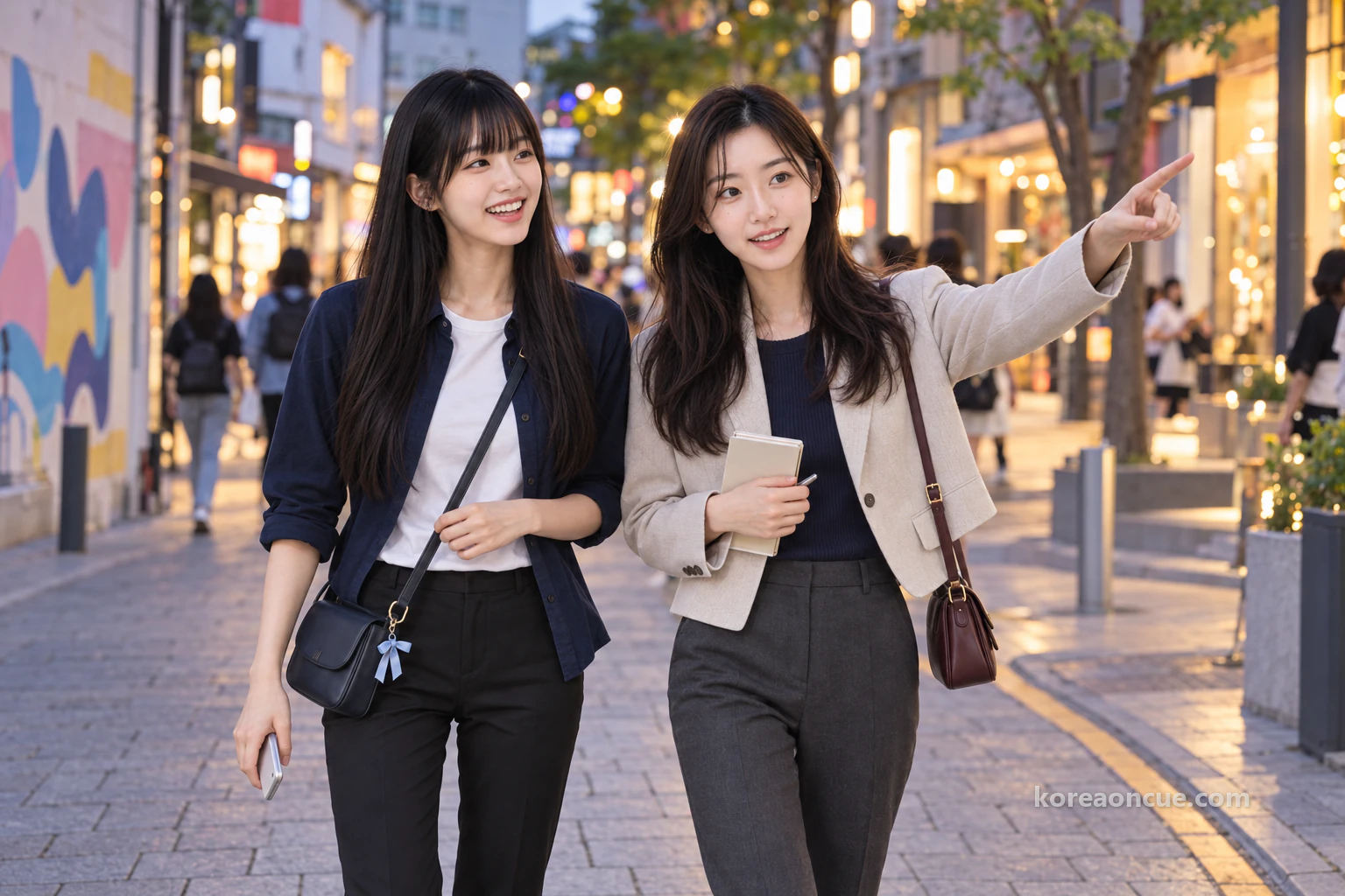 Maya and Rina walking towards the camera along a gently curving street as shop lights come on, Rina pointing ahead and Maya laughing with her phone held loosely, an abstract mural and low buildings beside them and blurred pedestrians behind. Editorial image.