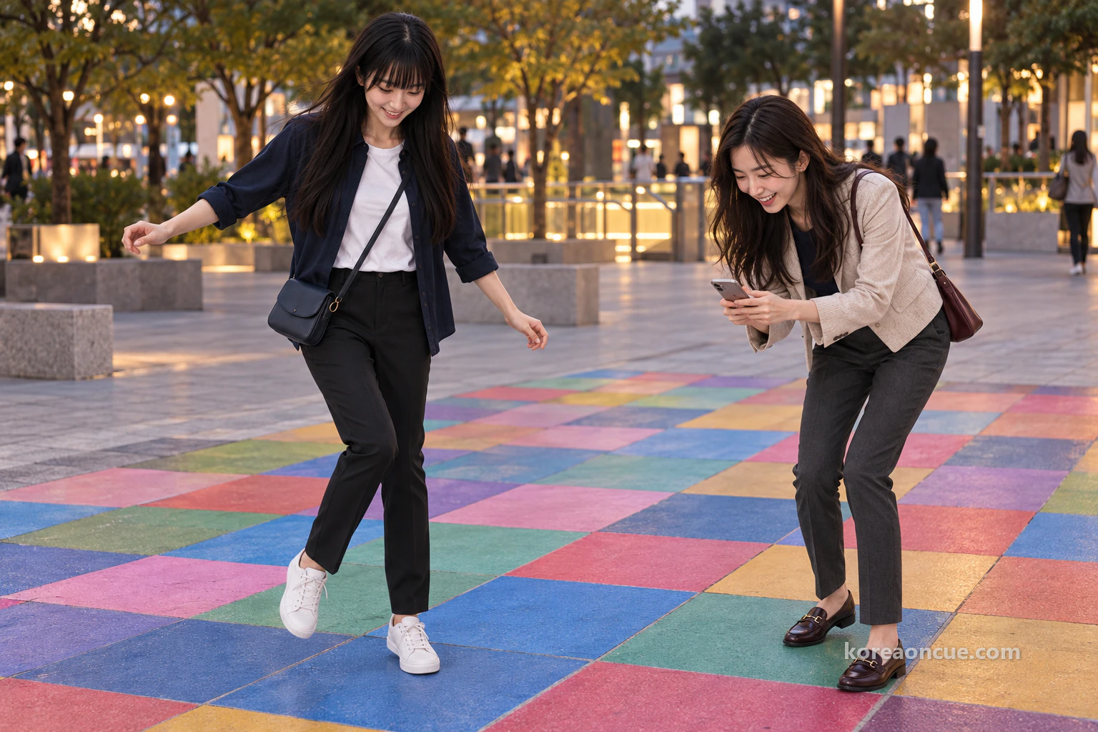 Maya hopping between colourful squares of a ground mural in an evening plaza while Rina laughs beside her and photographs Maya’s feet with her phone. Editorial image.