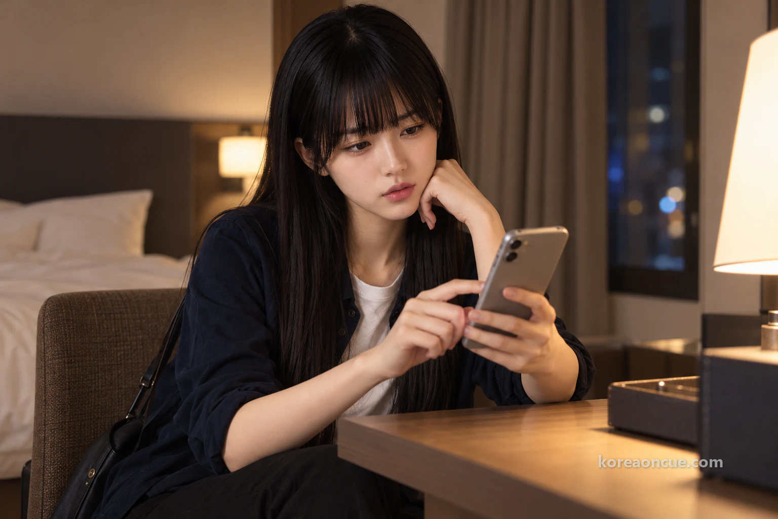 Maya sitting at a hotel-room desk in warm light, tilting her head and touching her phone screen with one finger, with only the back of the phone visible. Editorial image.