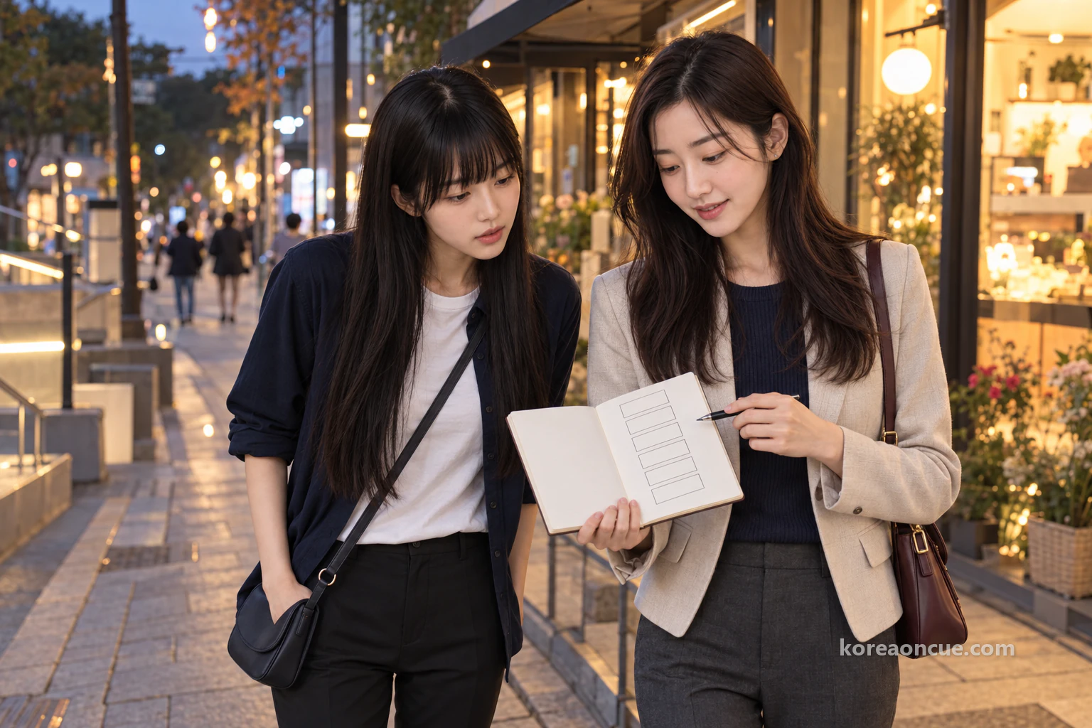 Rina holding open a notebook with seven empty outlined boxes on a curving street with evening shop lights, while Maya leans in to look. Editorial image.