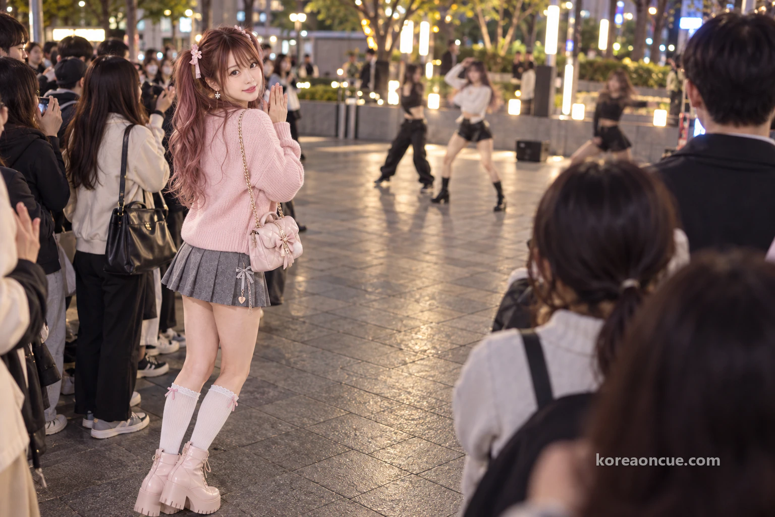 Hina in three-quarter view, smiling on tiptoe behind a semicircle of spectators, with three small, blurred dancers performing farther down the night street. Editorial image.