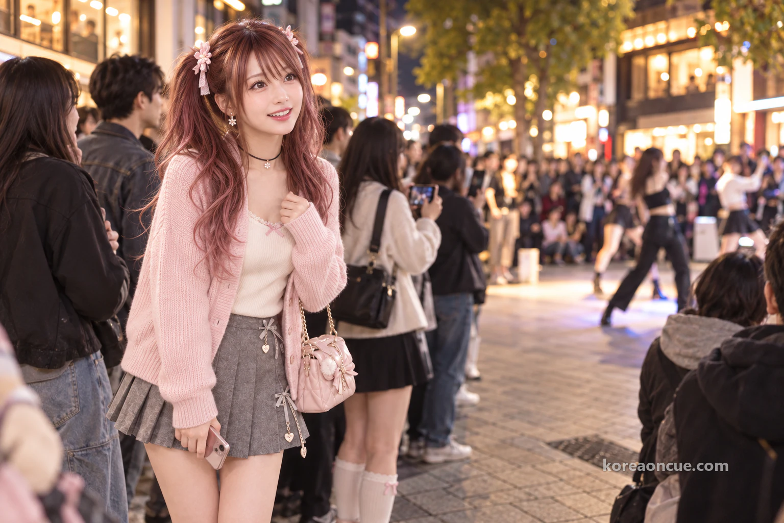 Hina standing on tiptoe at the edge of a semicircle of spectators on a narrow street at night, her phone held low at her side, with blurred dancers in the distance and warm light from shops and street lamps. Editorial image.