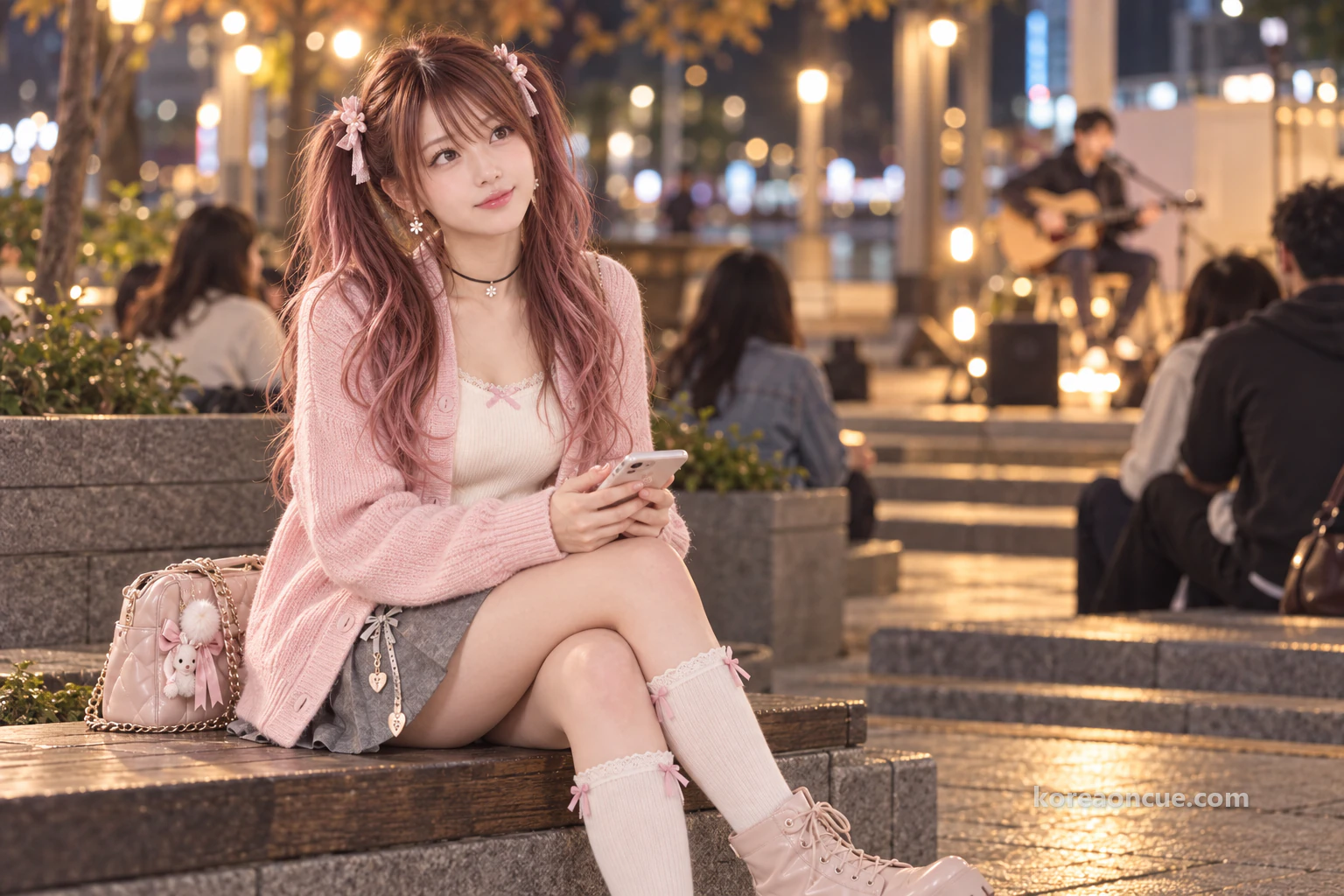 Hina looking up from her phone towards the music with a gentle smile, a small, blurred guitarist in the distance and a few listeners seated nearby. Editorial image.