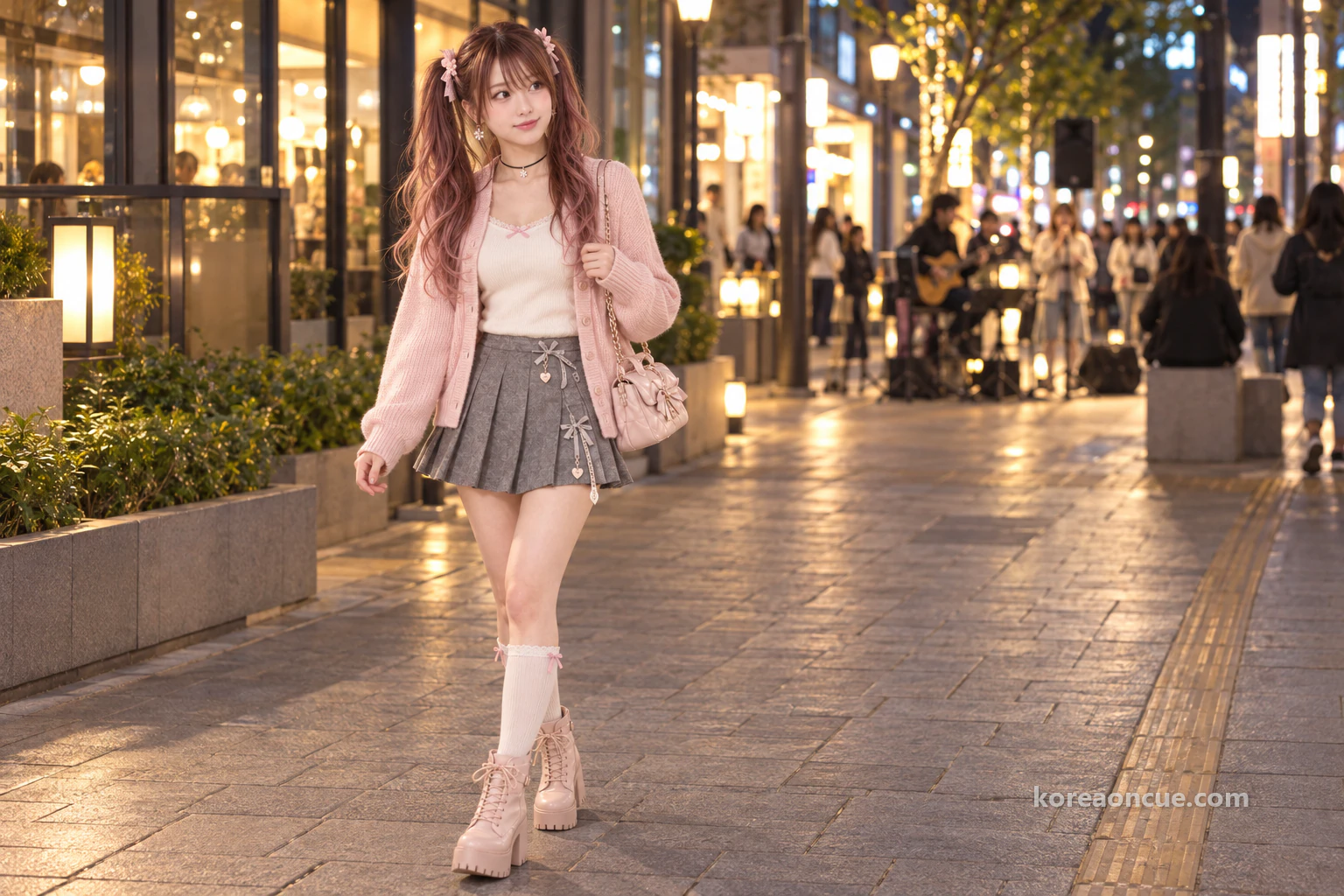 Side view of Hina walking along a lit street at night and turning her head, with a calm expression and blurred performers in the distance. Editorial image.