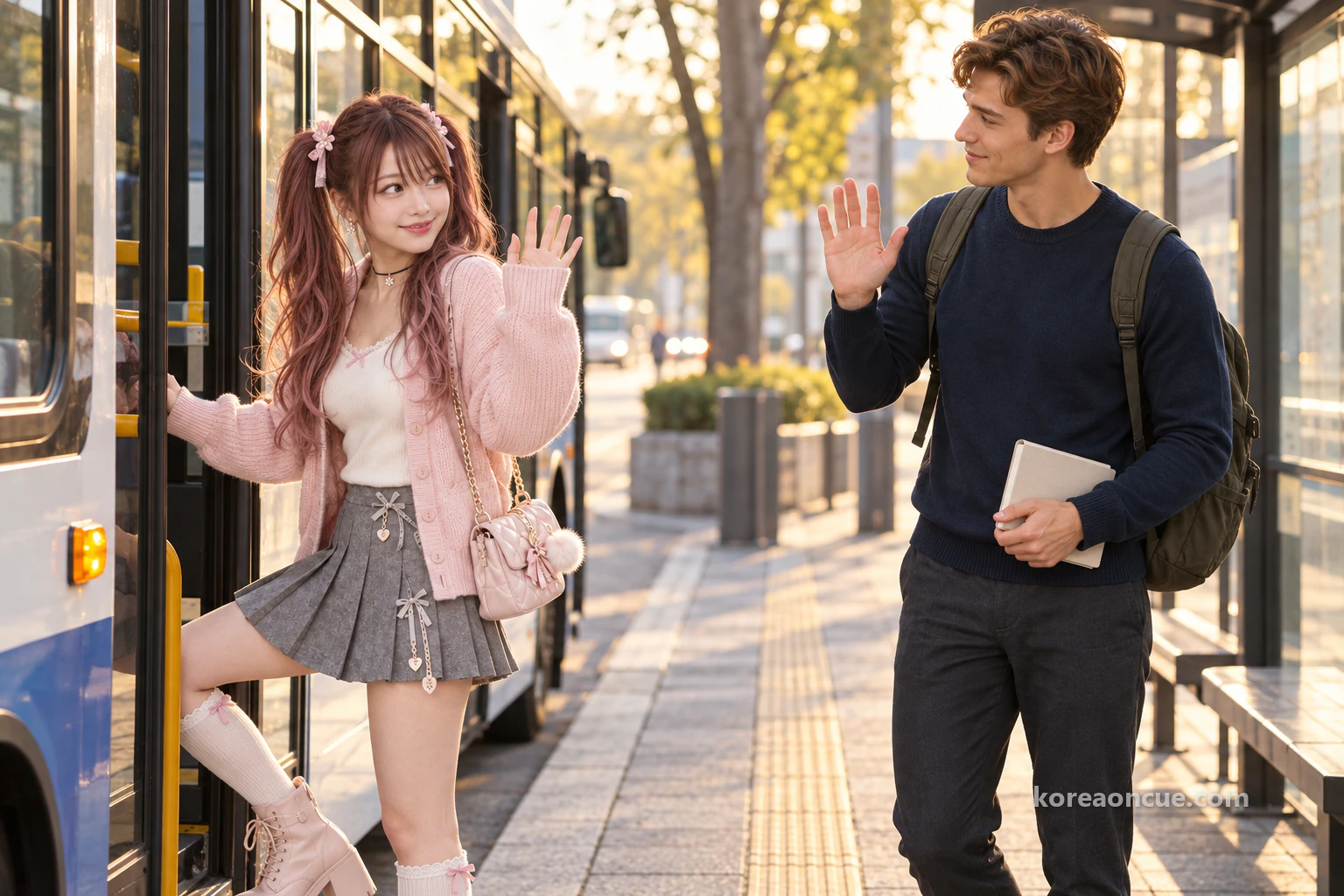 Hina smiling and waving at the bus stop, half turned towards an arriving bus, while Noah waves back with his notebook under his arm in warm late afternoon light. Editorial image.