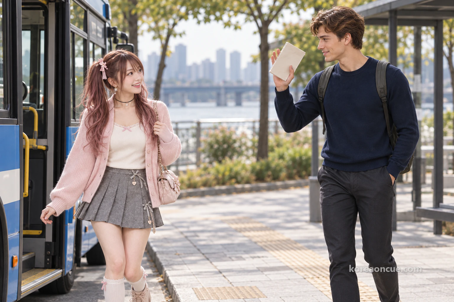 Noah raising his notebook in greeting near a riverside park bus stop at midday, and Hina smiling at him as she steps off the bus. Editorial image.