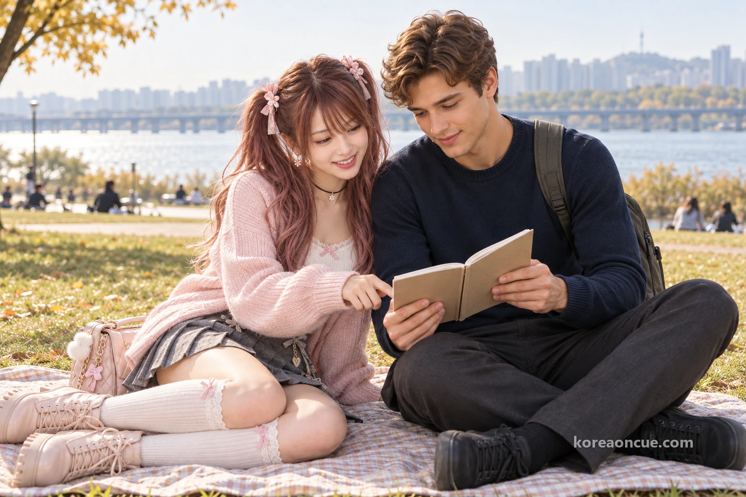 Hina and Noah smiling on a picnic mat on a riverside lawn on a bright autumn afternoon, Hina pointing to a line in the open notebook Noah holds, with the river, far bank, a distant bridge and small figures behind them. Editorial image.