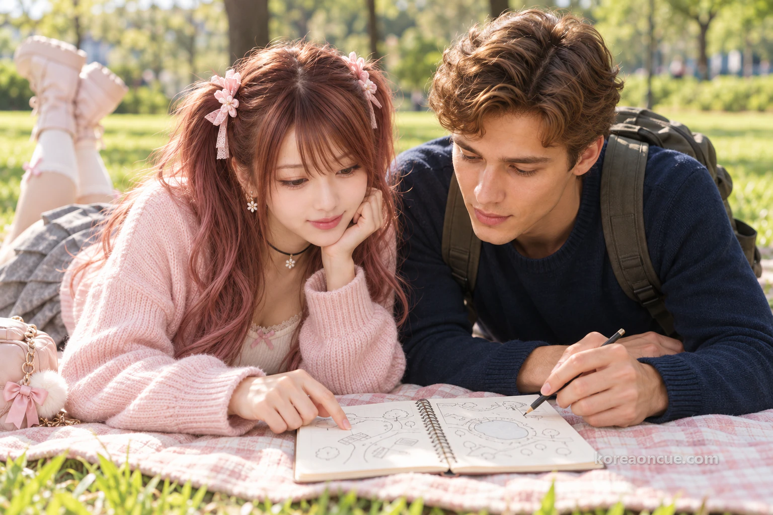 Hina and Noah lying on their stomachs on a sunlit mat with their heads close together, looking at a park drawing made of lines and symbols in his notebook. Editorial image.