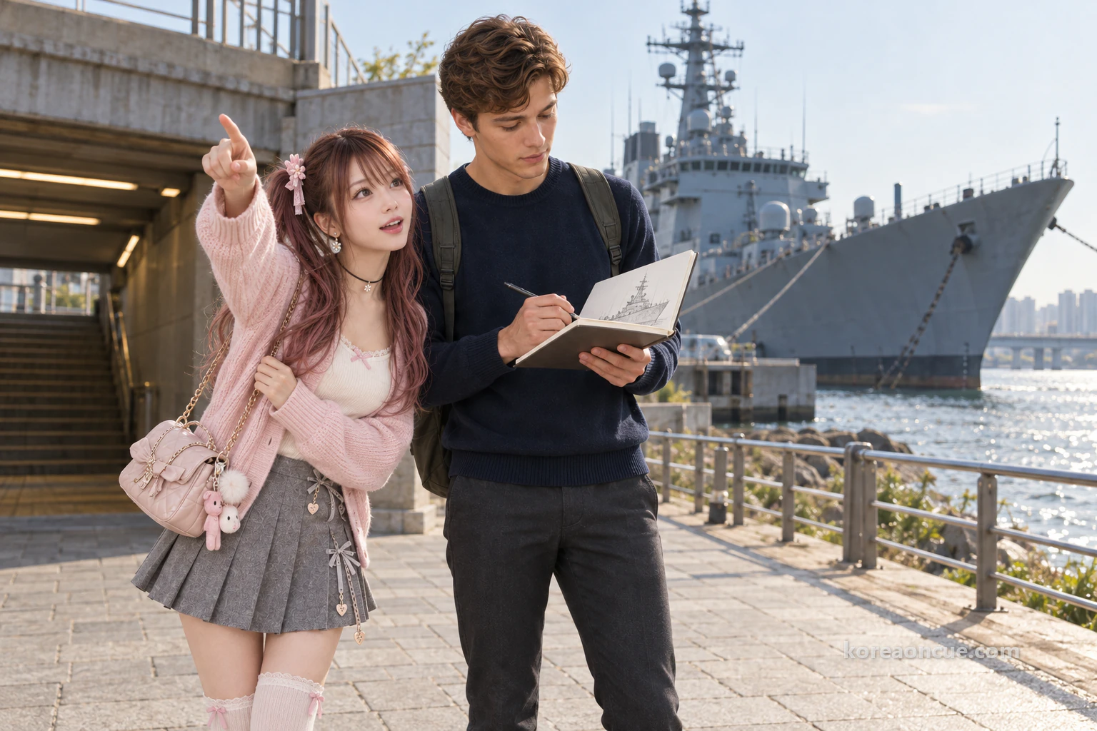 Hina looking at a large grey naval ship moored along the riverbank while Noah sketches its bow in his notebook beside her. Editorial image.