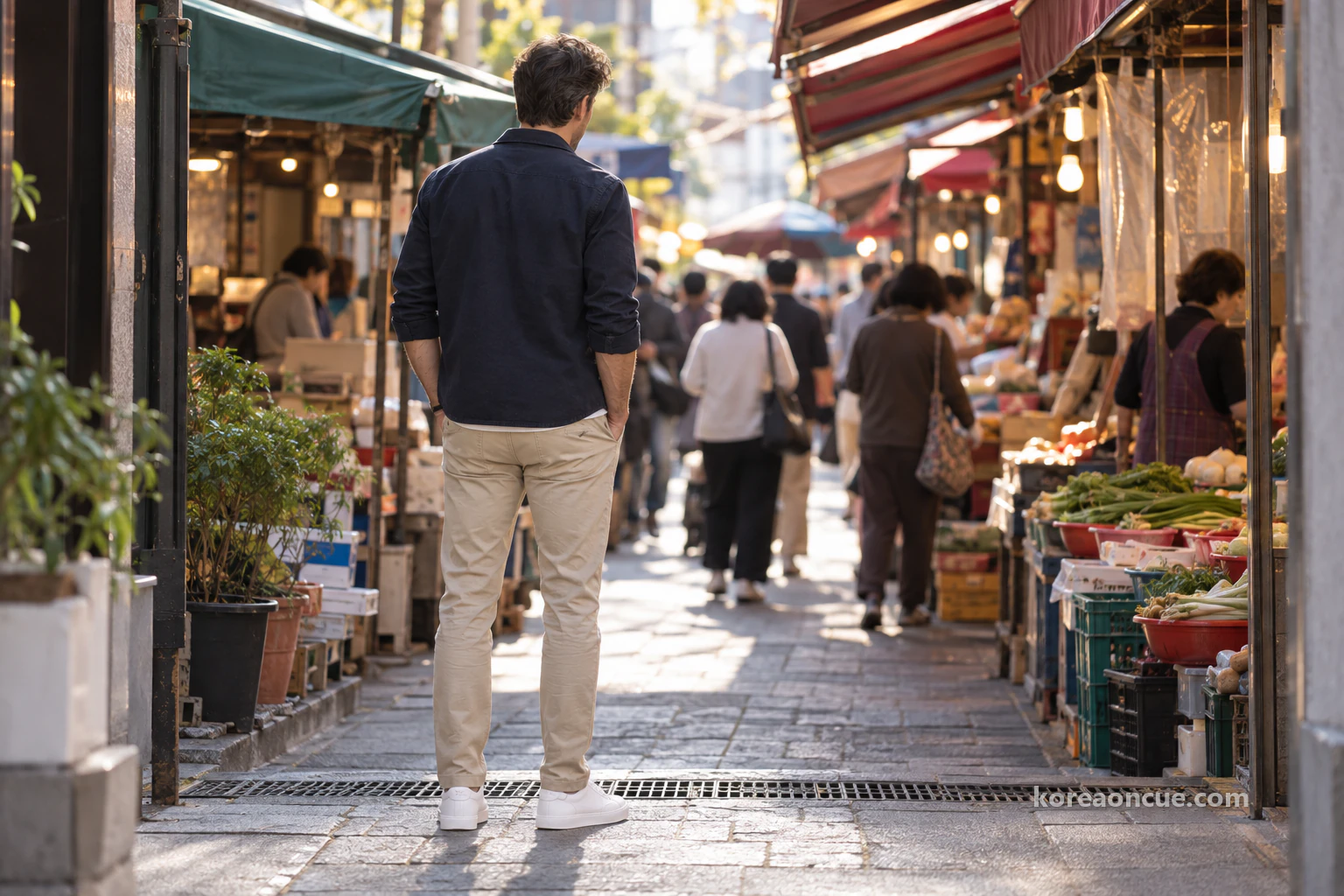 Tall Ethan seen from behind, stopping at the entrance to a narrow market alley in morning light, with stalls and shoppers blurred ahead. Editorial image.