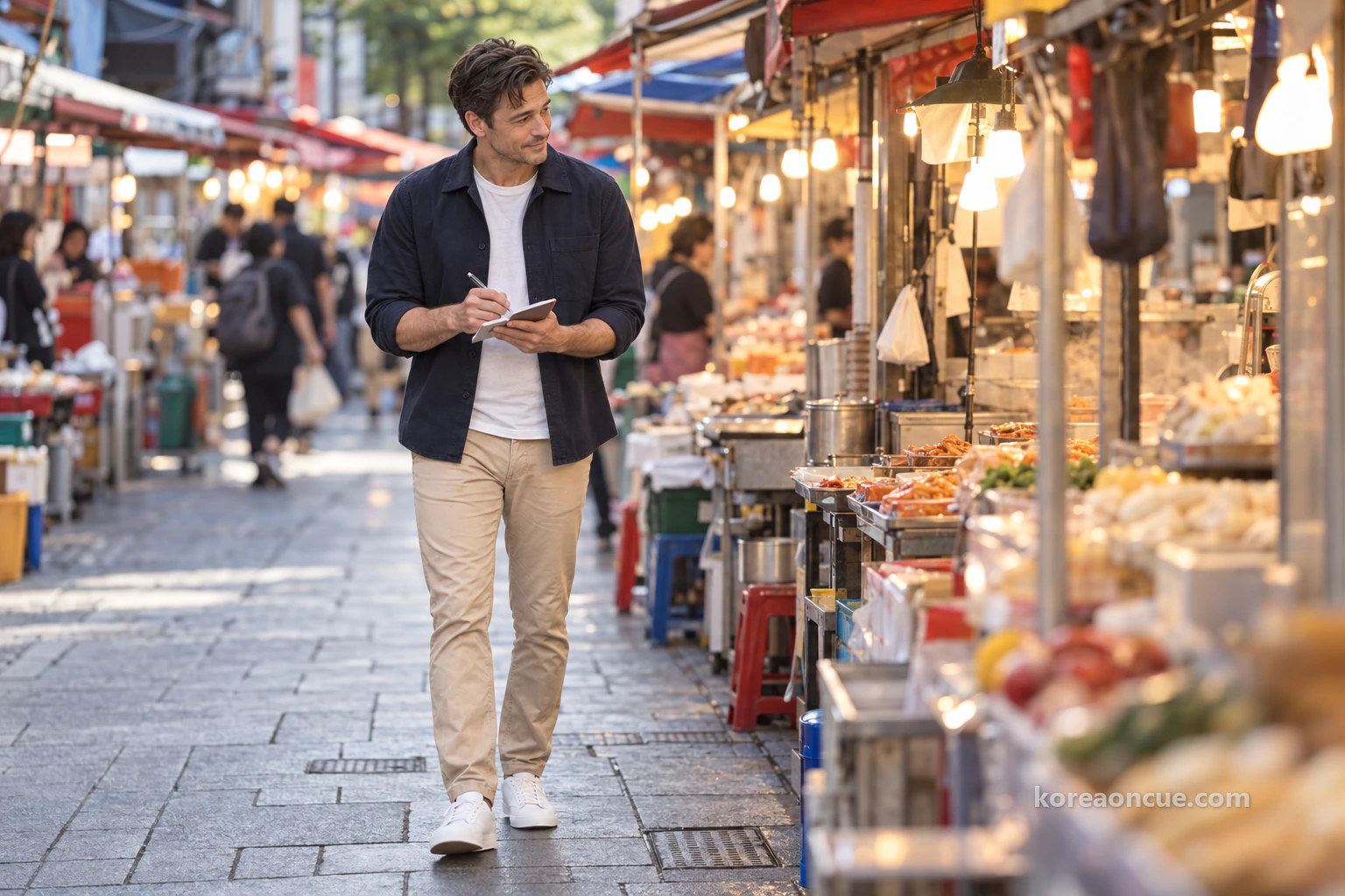 Ethan seen from the side, walking slowly through a market alley, looking at stalls on both sides and writing in a small notepad. Editorial image.