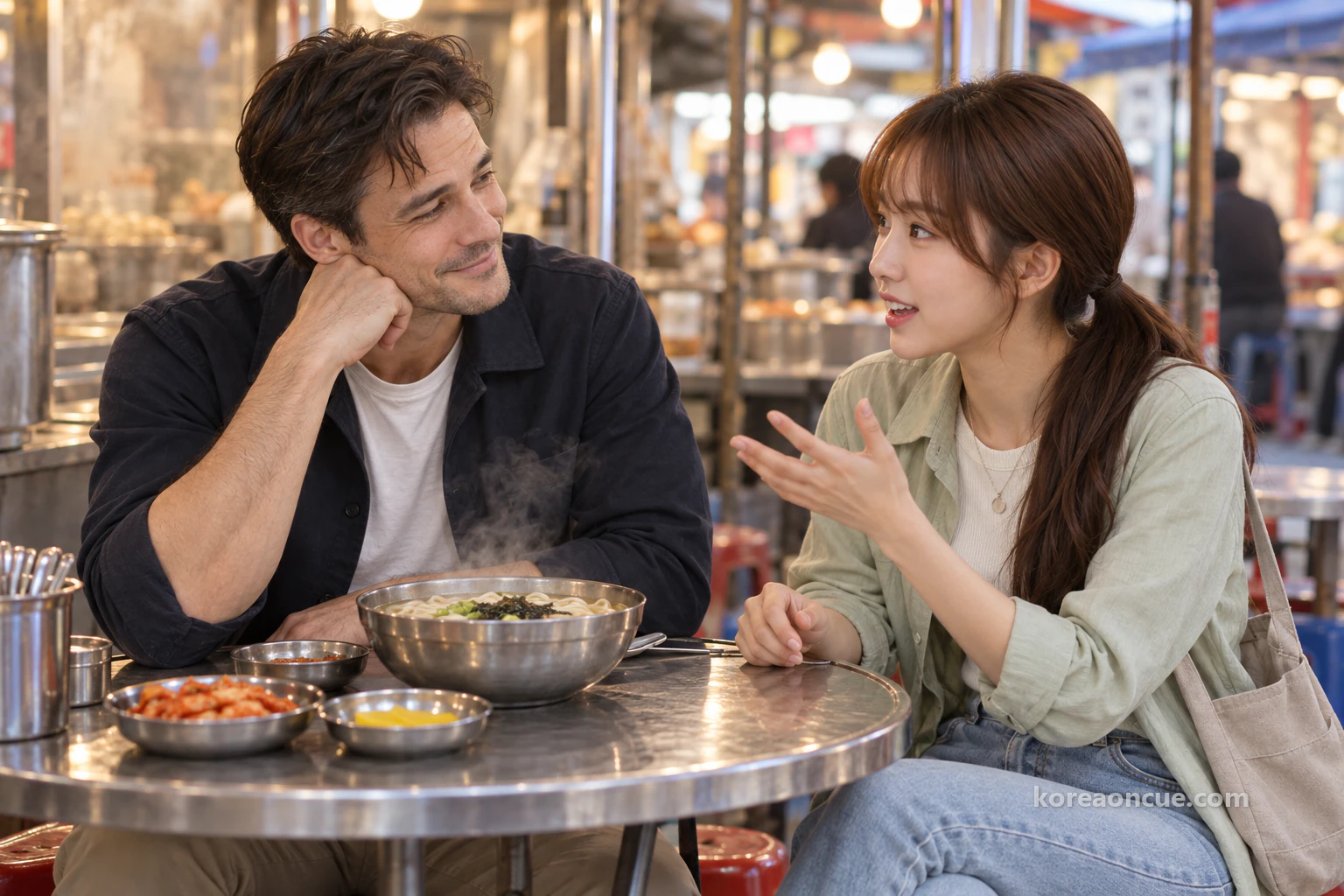 Ethan and Lulu sitting opposite each other at a small table with a steaming bowl of knife-cut noodle soup, Ethan smiling and Lulu gesturing with one hand. Editorial image.