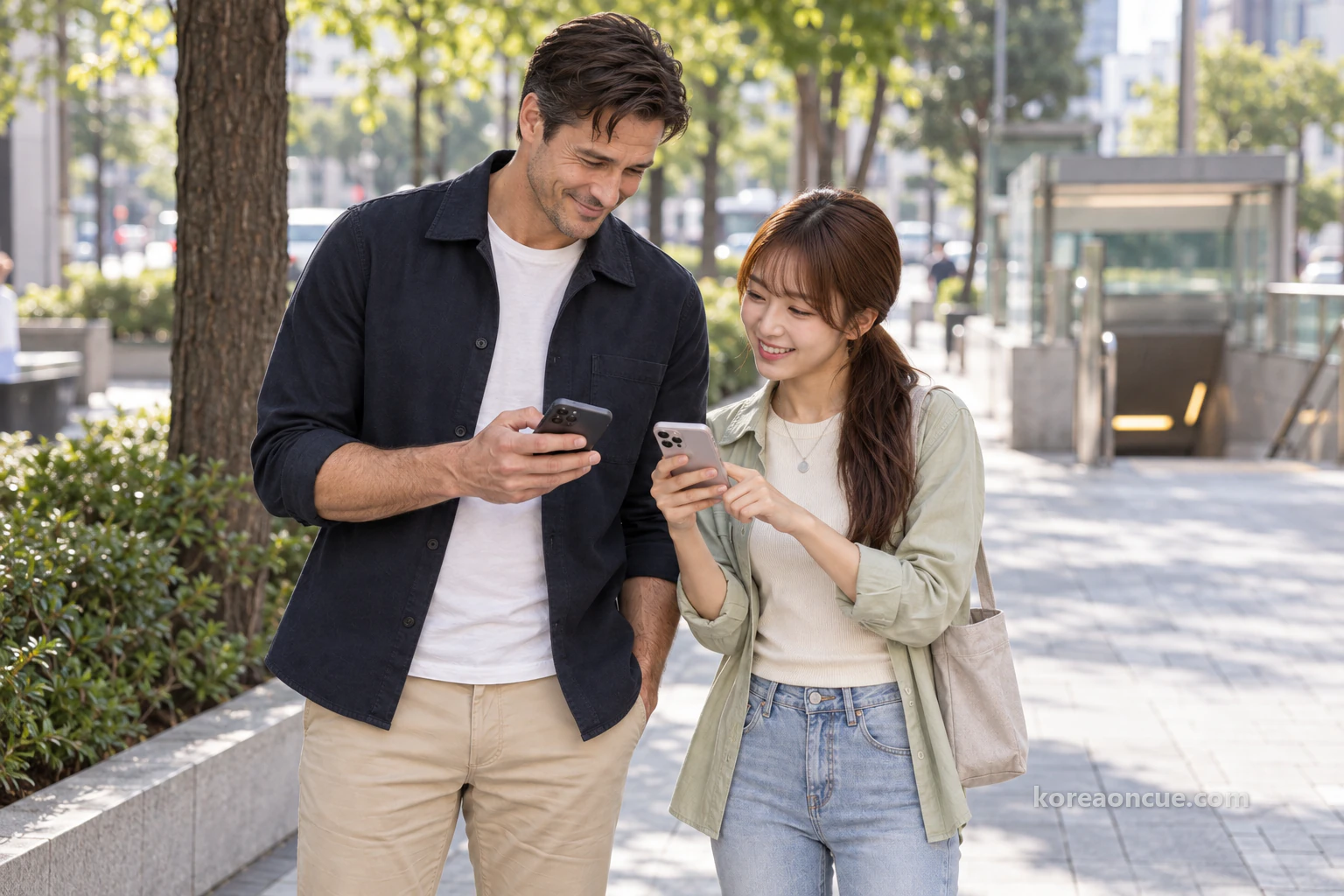 Ethan and Lulu laughing by the street in afternoon light, holding their phones close together with the screens facing them and only the backs visible. Editorial image.