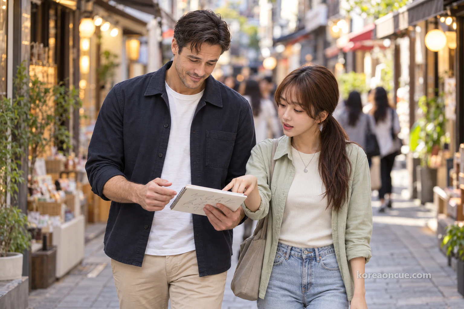 Ethan and Lulu walking side by side through the market and looking at his notepad, Lulu tapping a line with her finger as Ethan nods. Editorial image.