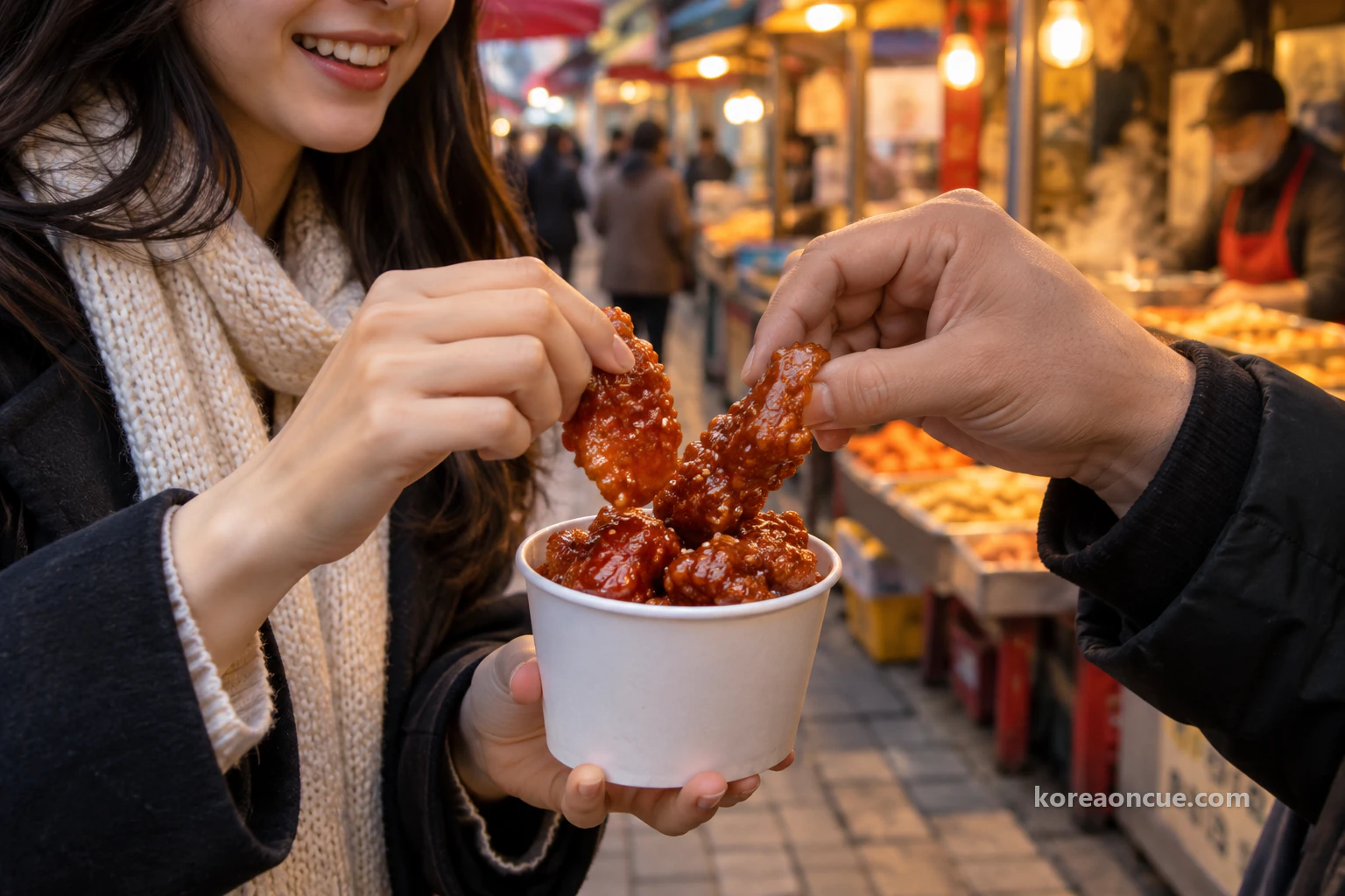 Close-up of a large man’s hand and a young woman’s hand each taking a piece of glossy glazed fried chicken from a small paper cup at the edge of a market alley. Editorial image.