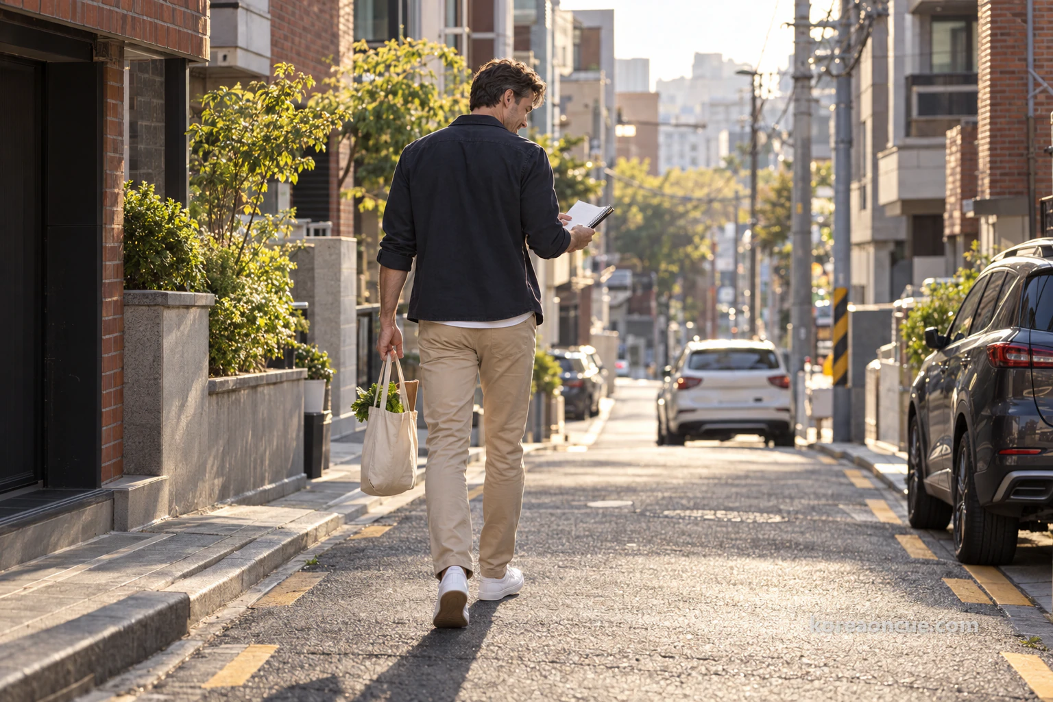 Ethan seen from behind, carrying a small market bag and turning a page of his notepad as he walks towards the bright end of a residential lane lined with three- and four-storey brick and concrete buildings, parked cars and utility poles. Editorial image.