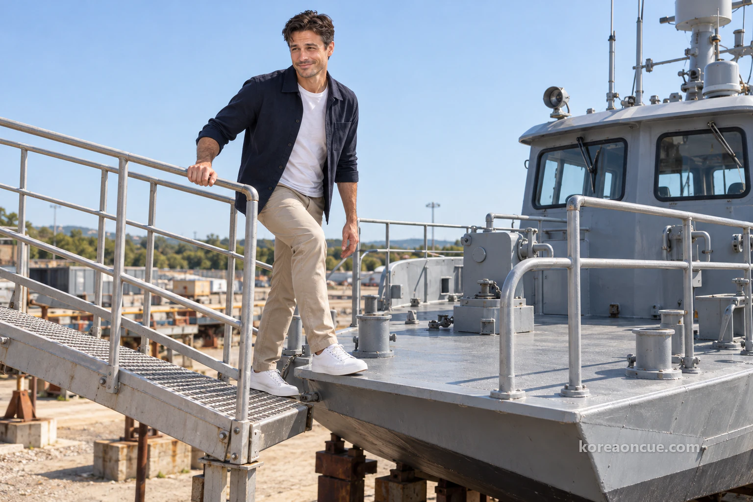 Ethan stepping from a raised footbridge onto the railed deck of a small grey patrol boat resting on blocks on land, with the ground visible far below. Editorial image.