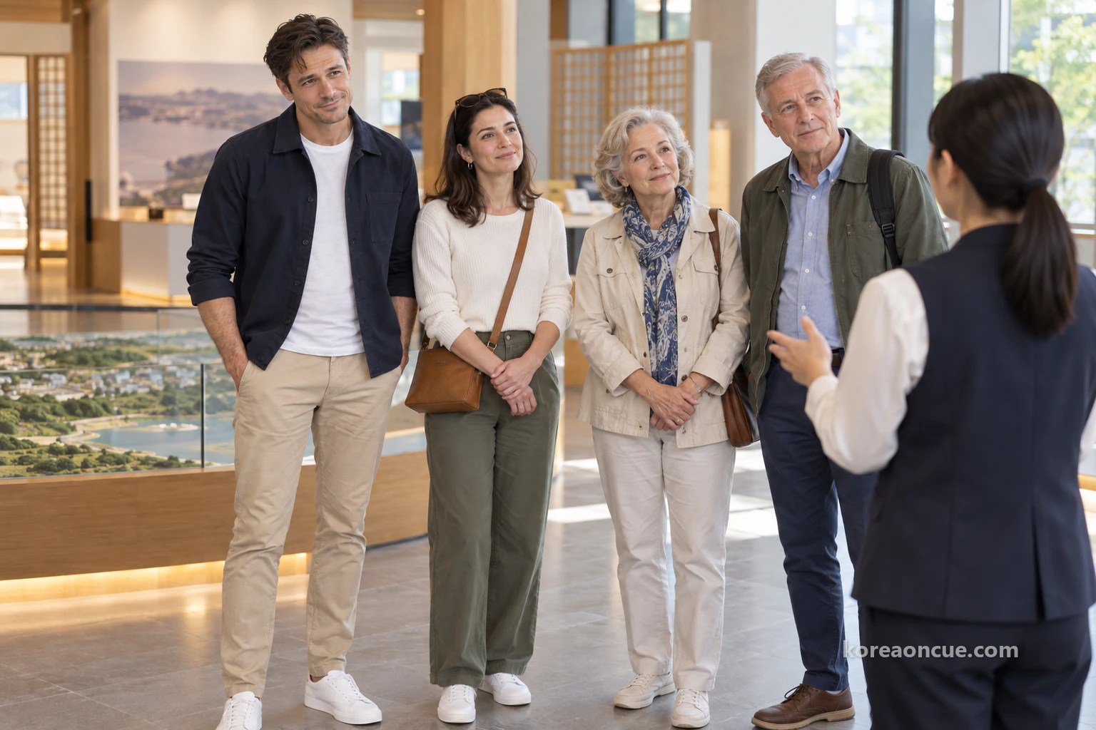 Ethan nodding beside a woman and an older couple in a bright visitor centre lobby as they listen to a guide seen from behind, Ethan the only visitor with a beard. Editorial image.