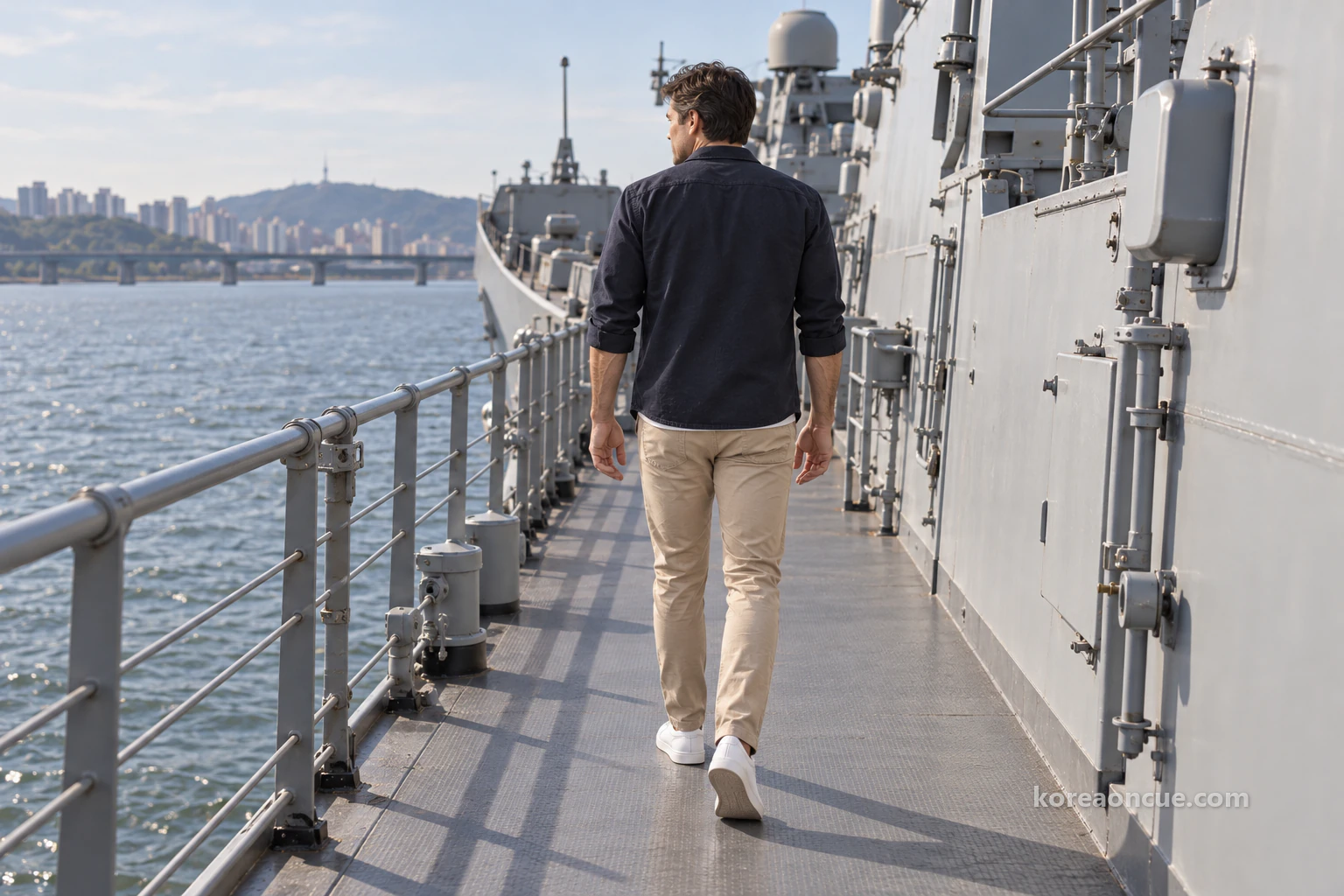 Ethan seen from behind walking towards the bow along the side deck of a long grey frigate moored on water, with the river beside the steel railing and ship structures towering above him. Editorial image.