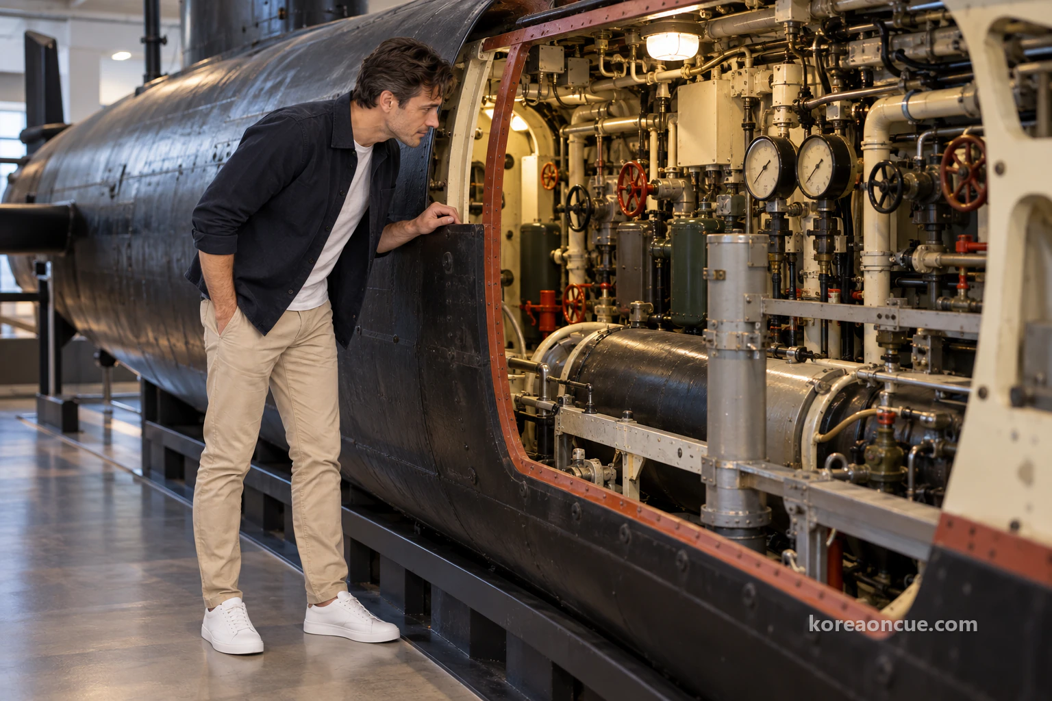 Ethan in profile leaning towards the cutaway right side of a small black submarine, concentrating on the narrow passage packed with pipes, valves and equipment. Editorial image.