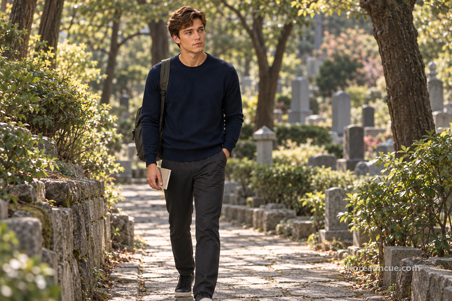 Noah walking slowly along a narrow cemetery path between trees in dappled morning sunlight, with gravestones appearing as distant blurred shapes. Editorial image.