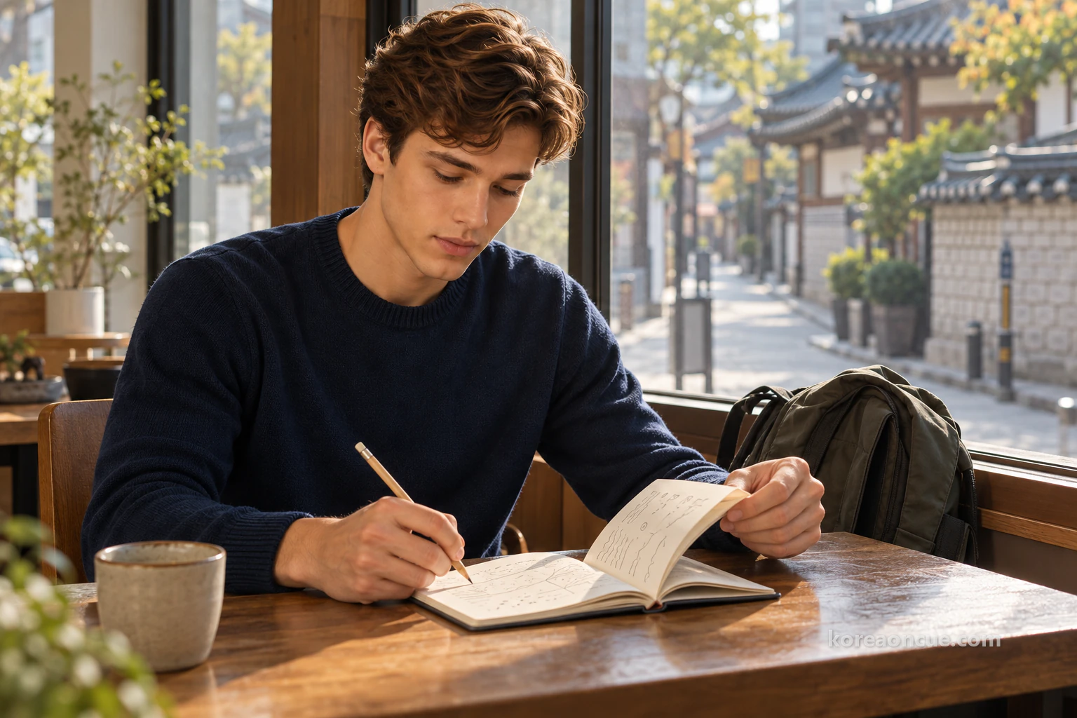 Noah turning notebook pages covered with lines and symbols and marking them with a pencil at a window-side desk in soft morning light. Editorial image.