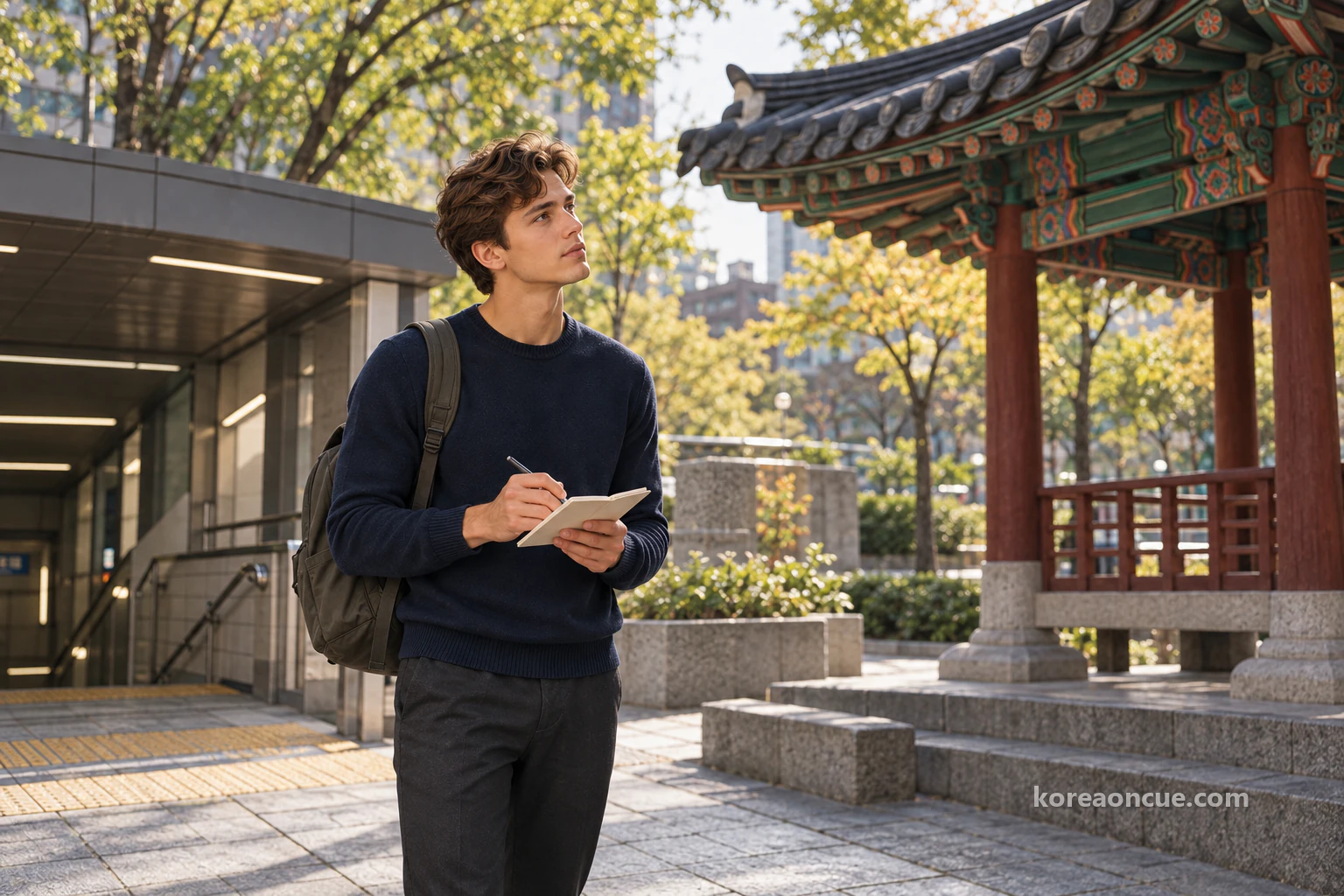 Noah drawing the first line in his notebook outside a subway exit while looking up at a small Korean pavilion with wooden columns and a tiled roof. Editorial image.