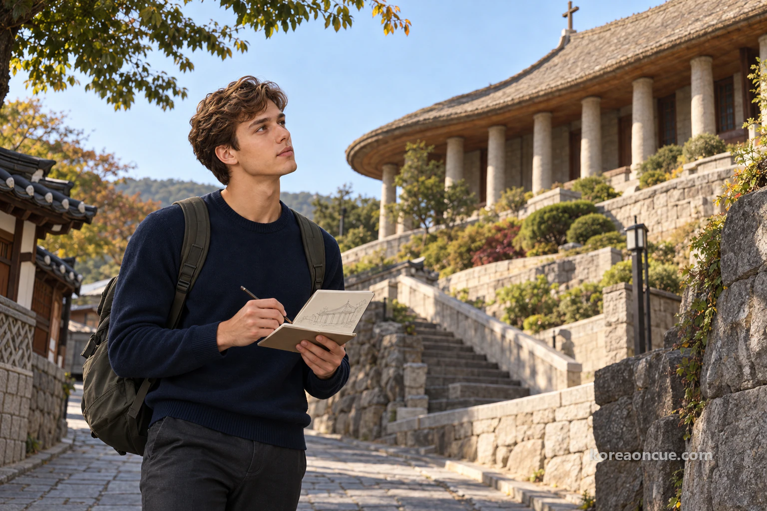 Noah sketching an outline in his notebook while looking up from a lower path at a hilltop church with round colonnade pillars and a long sloping eave beneath a clear sky. Editorial image.